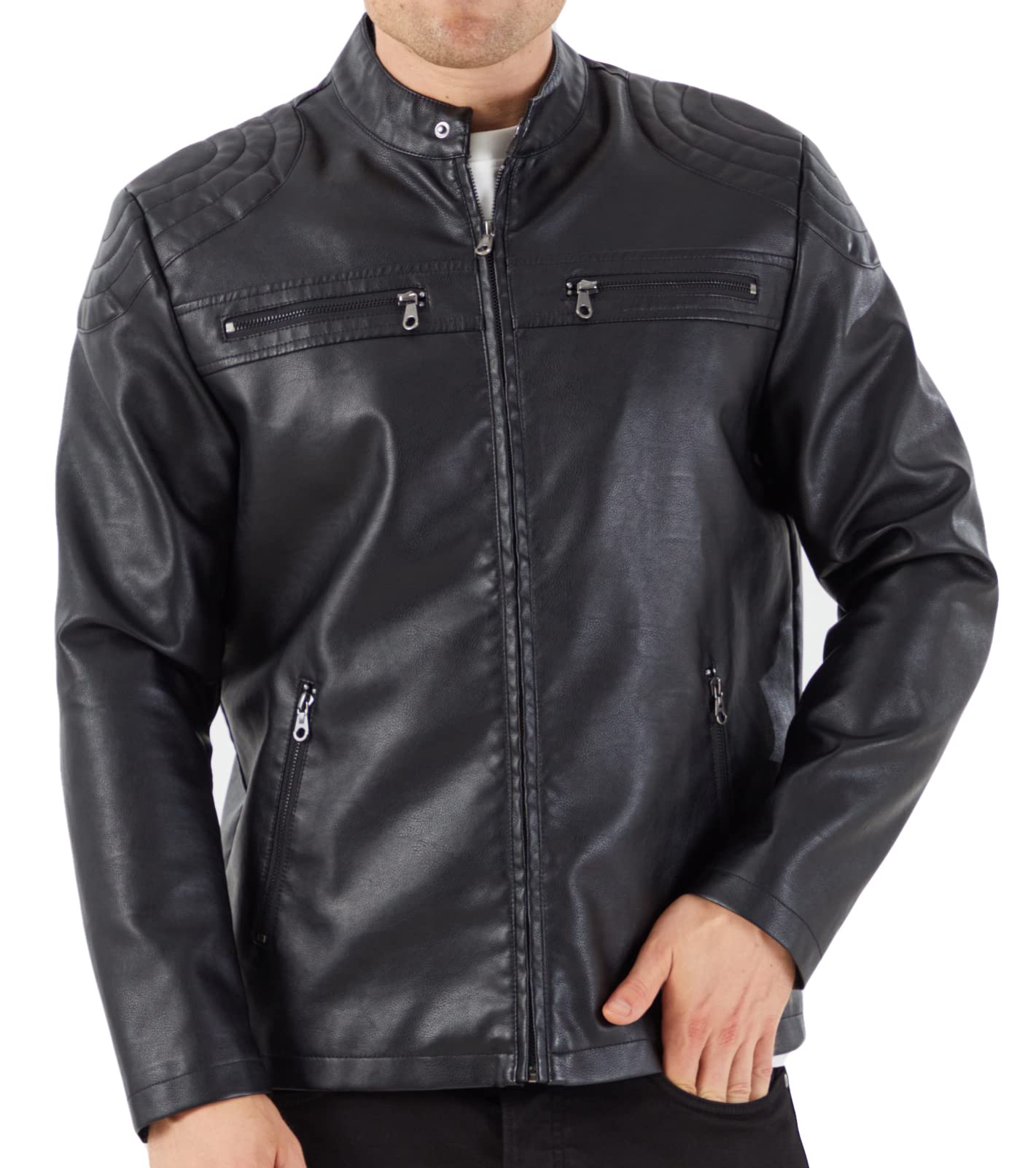 WULFUL Men's Stand Collar Leather Jacket Motorcycle Lightweight Faux Leather Outwear