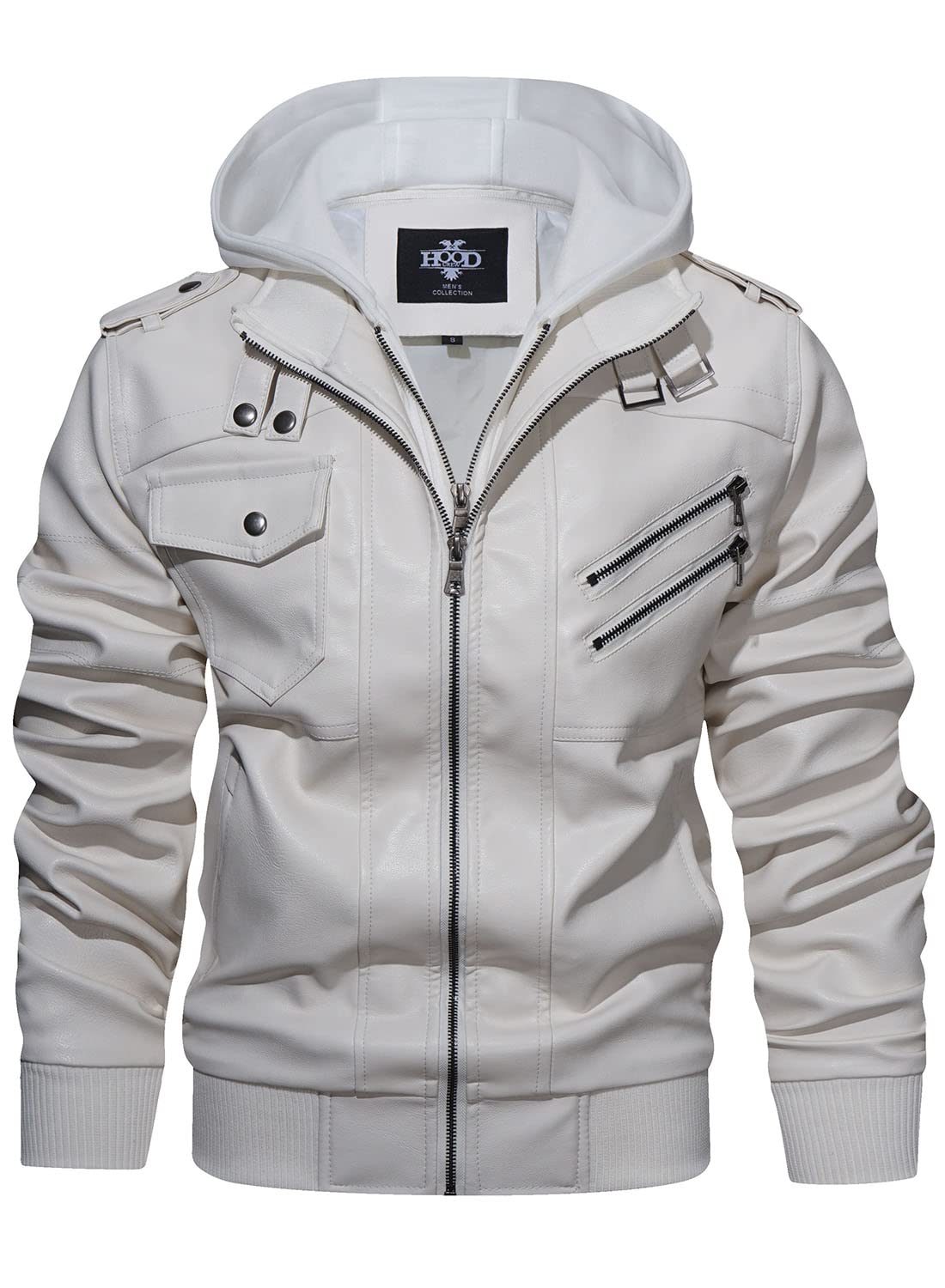 HOOD CREW Men’s Casual Stand Collar PU Faux Leather Zip-Up Motorcycle Bomber Jacket With a Removable Hood