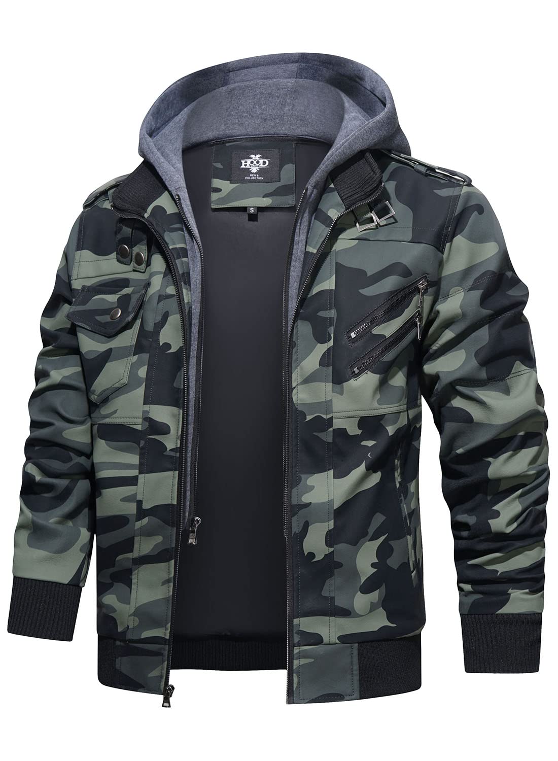 HOOD CREW Men’s Casual Stand Collar PU Faux Leather Zip-Up Motorcycle Bomber Jacket With a Removable Hood