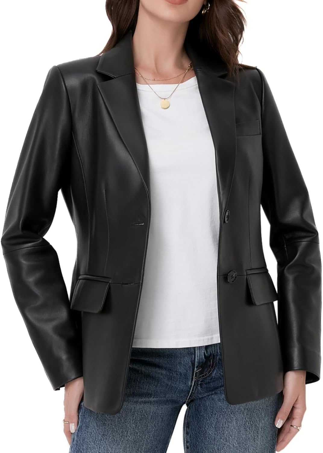 Lambskin Leather Jacket Women,Long Sleeve Button Front Leather Blazer,Notched Lapel Casual Style,Vent Detail