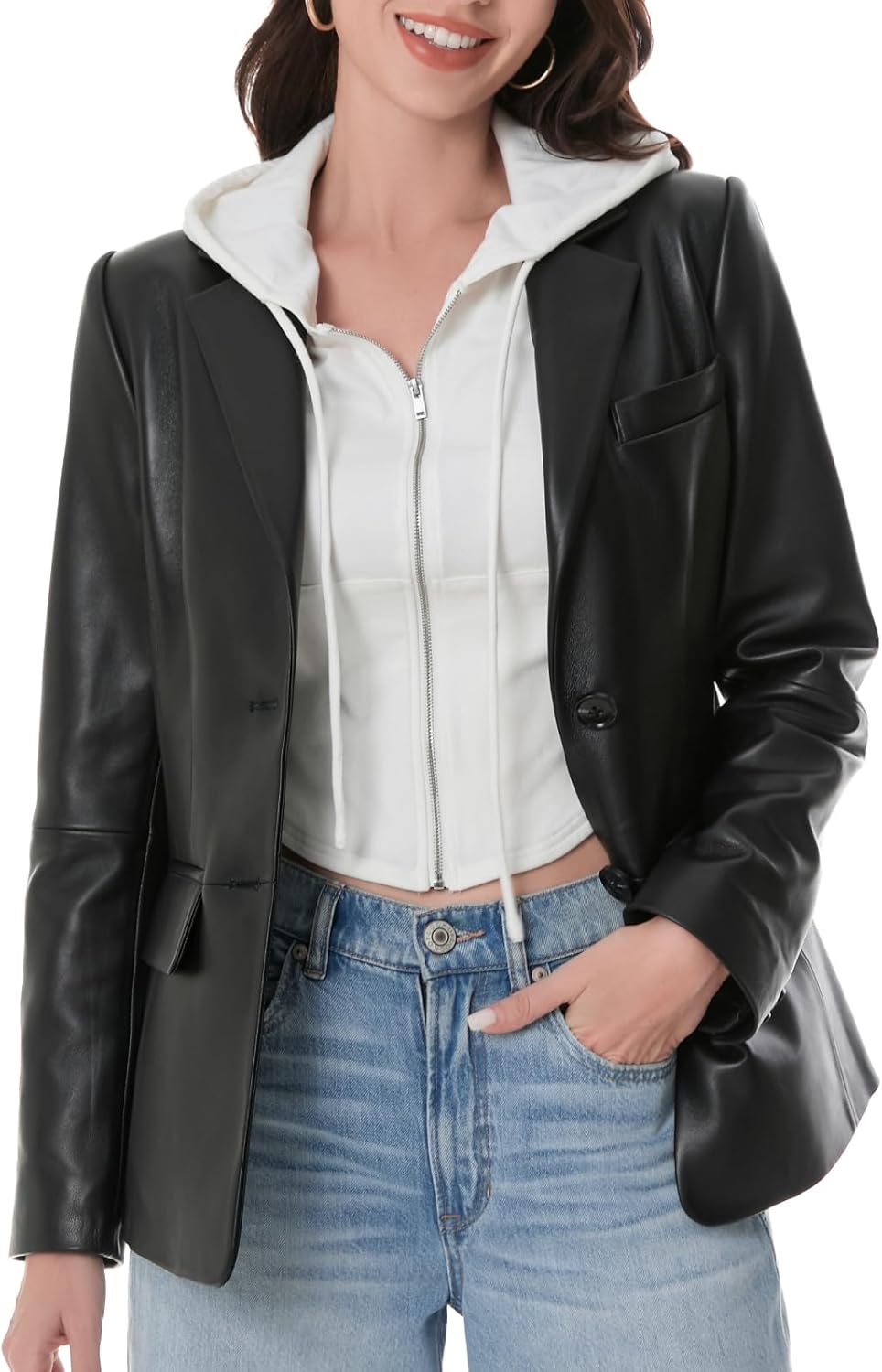 Lambskin Leather Jacket Women,Long Sleeve Button Front Leather Blazer,Notched Lapel Casual Style,Vent Detail