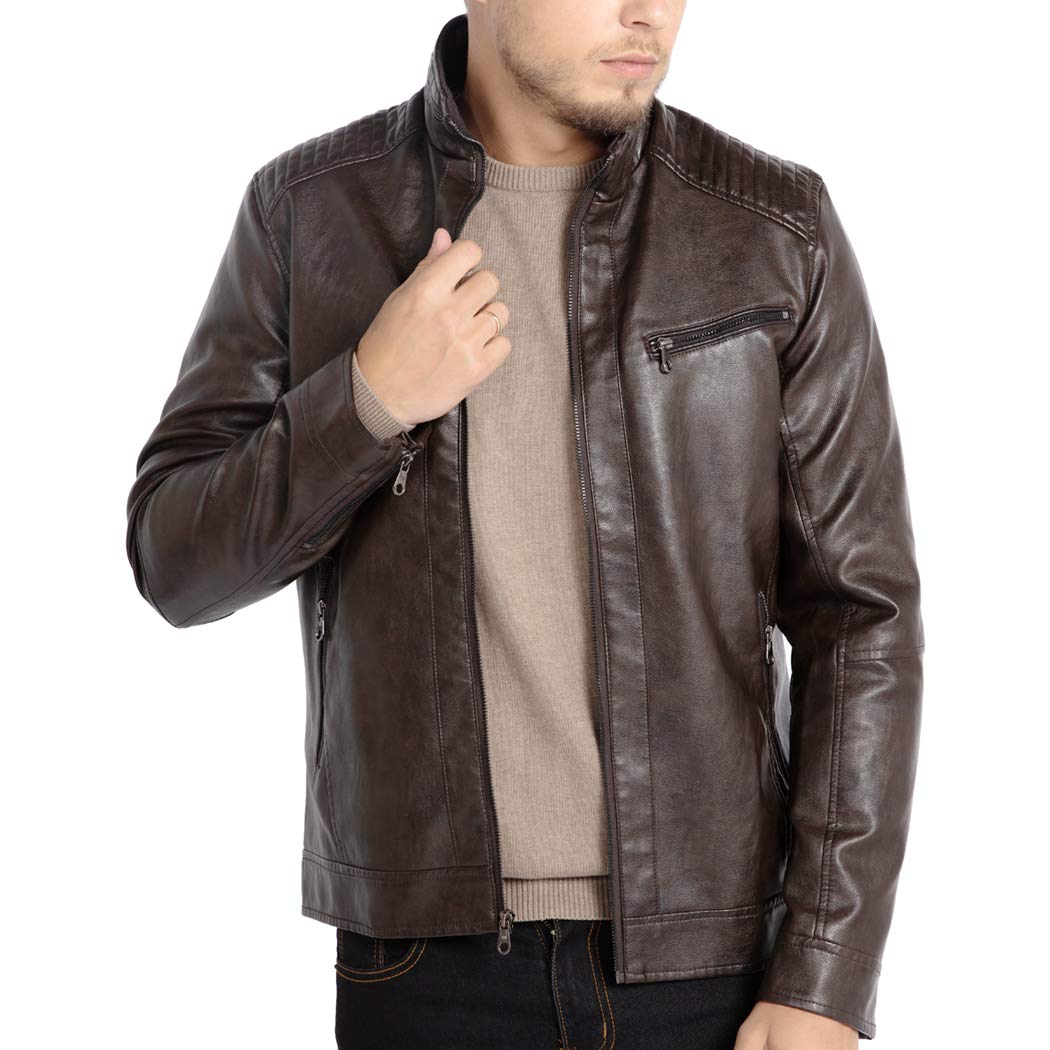 WULFUL Men's Stand Collar Leather Jacket Motorcycle Lightweight Faux Leather Outwear