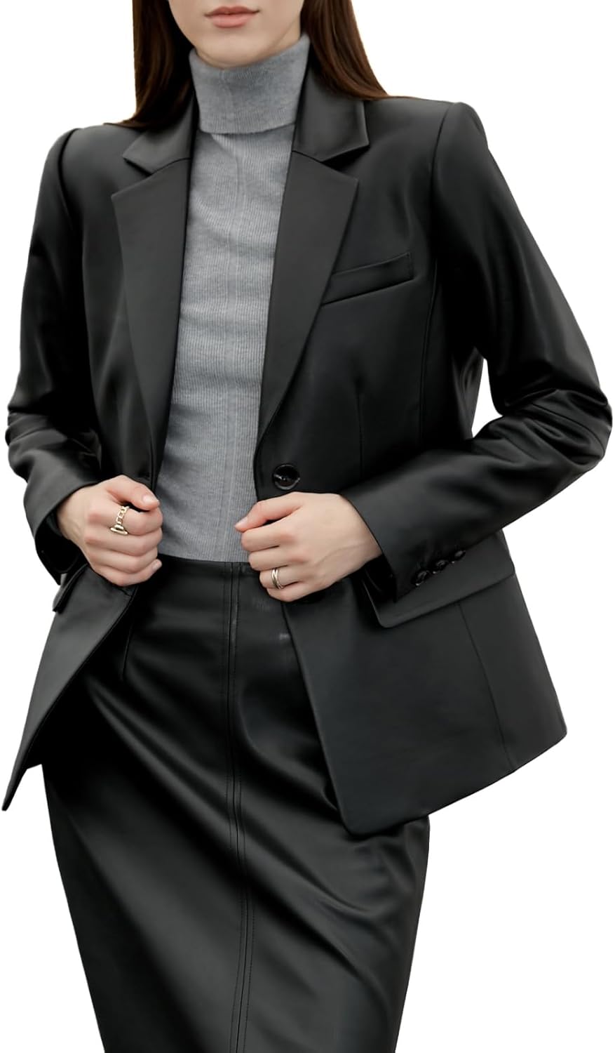 Lambskin Leather Jacket Women,Long Sleeve Button Front Leather Blazer,Notched Lapel Casual Style,Vent Detail