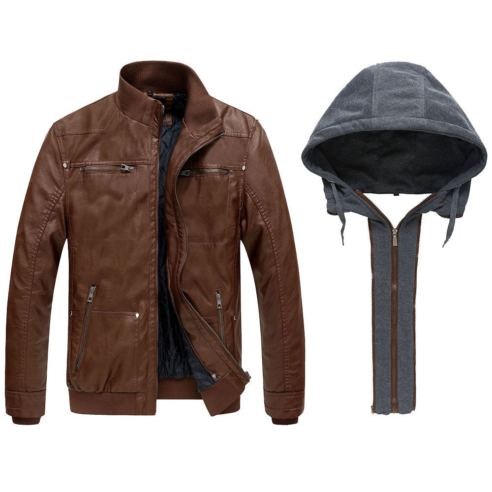 wantdo Men's Faux Leather Jacket with Removable Hood Motorcycle Jacket Casual Warm Winter Coat