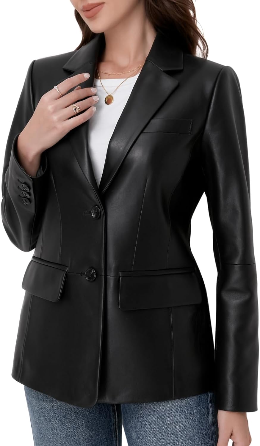 Lambskin Leather Jacket Women,Long Sleeve Button Front Leather Blazer,Notched Lapel Casual Style,Vent Detail