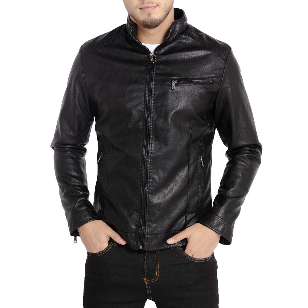 WULFUL Men's Stand Collar Leather Jacket Motorcycle Lightweight Faux Leather Outwear