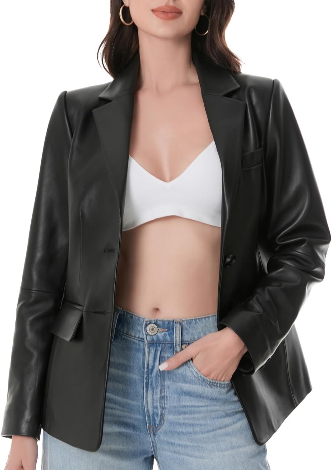 Lambskin Leather Jacket Women,Long Sleeve Button Front Leather Blazer,Notched Lapel Casual Style,Vent Detail