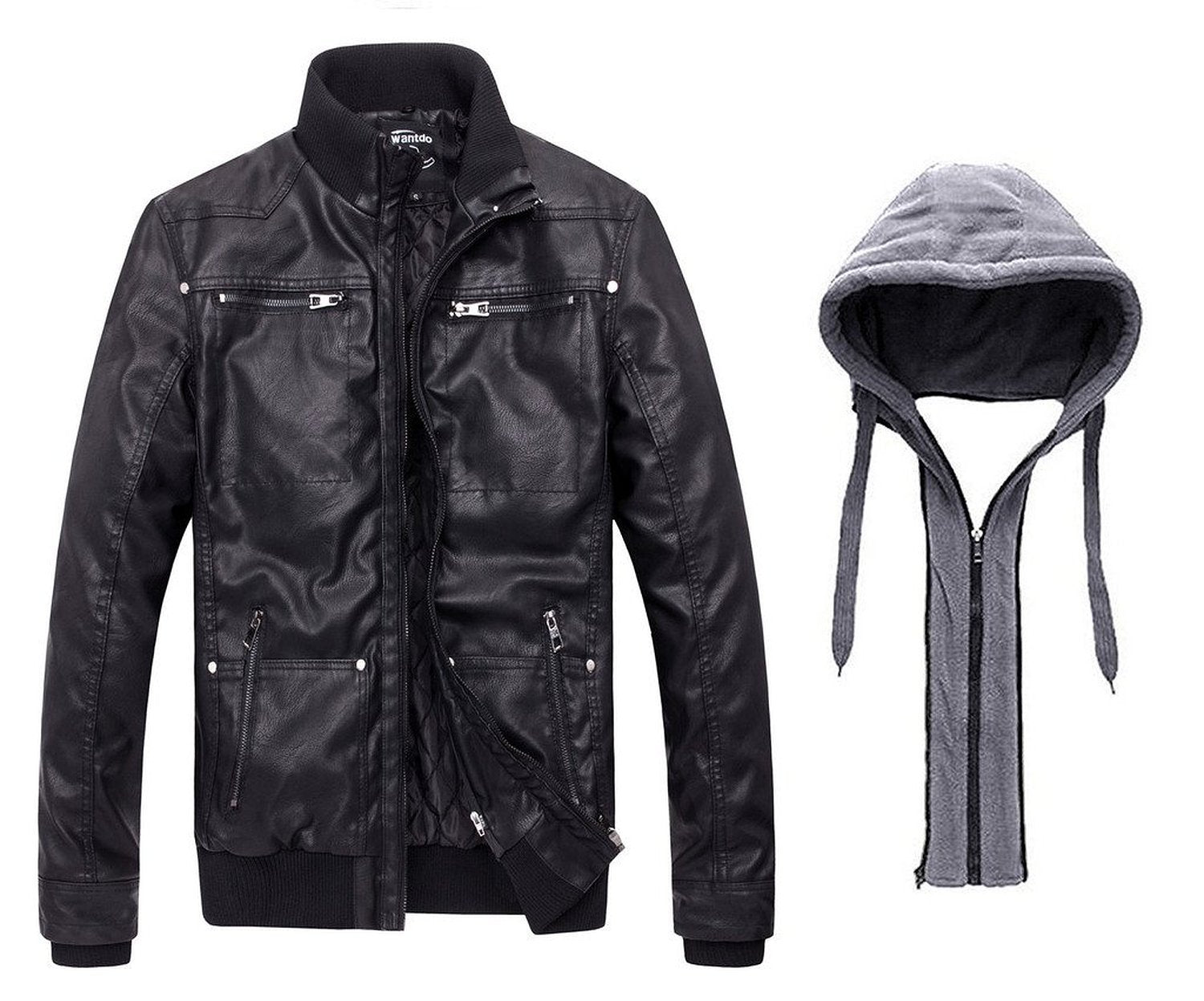 wantdo Men's Faux Leather Jacket with Removable Hood Motorcycle Jacket Casual Warm Winter Coat