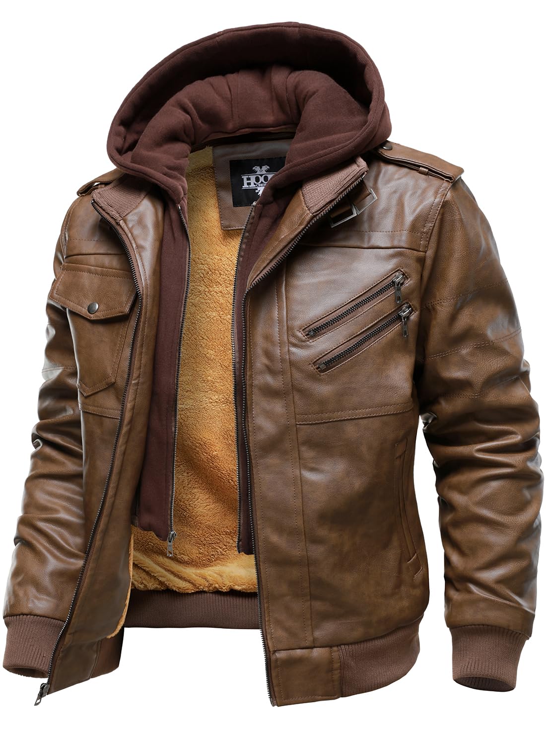 HOOD CREW Men’s Casual Stand Collar PU Faux Leather Zip-Up Motorcycle Bomber Jacket With a Removable Hood