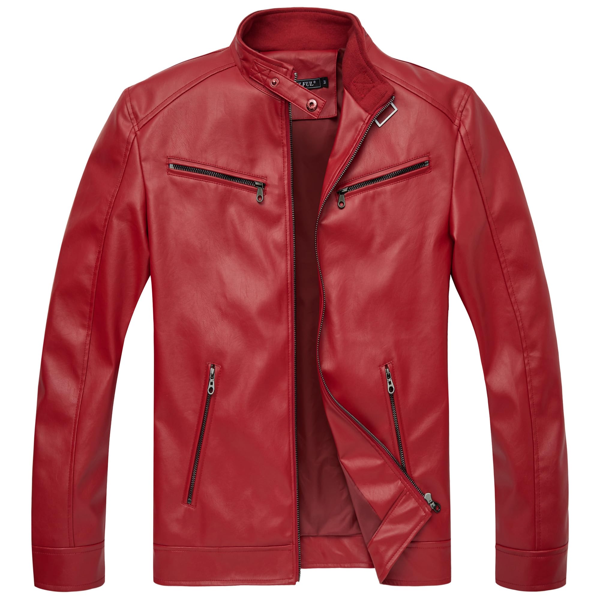 WULFUL Men's Stand Collar Leather Jacket Motorcycle Lightweight Faux Leather Outwear