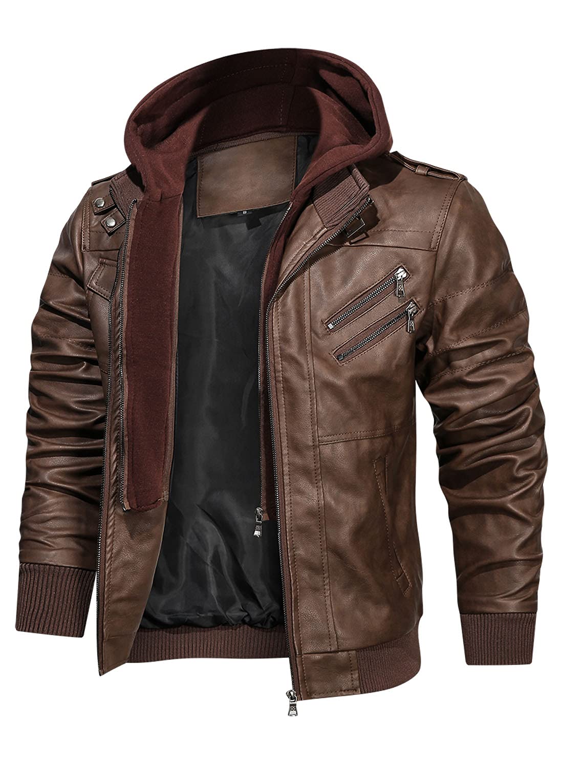 HOOD CREW Men’s Casual Stand Collar PU Faux Leather Zip-Up Motorcycle Bomber Jacket With a Removable Hood