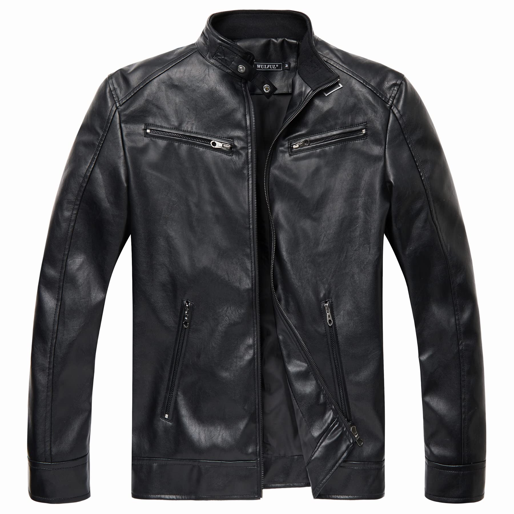 WULFUL Men's Stand Collar Leather Jacket Motorcycle Lightweight Faux Leather Outwear