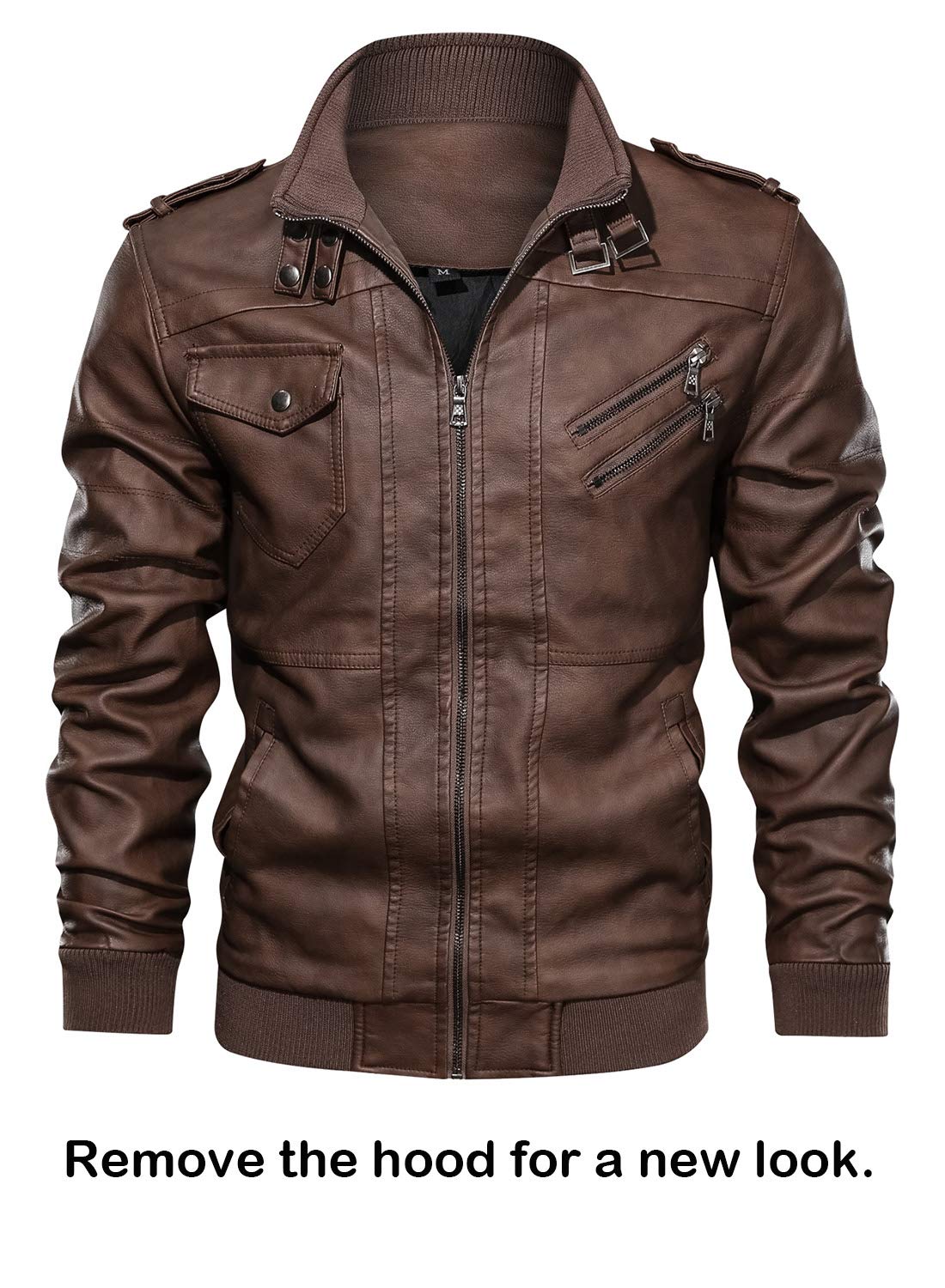 HOOD CREW Men’s Casual Stand Collar PU Faux Leather Zip-Up Motorcycle Bomber Jacket With a Removable Hood