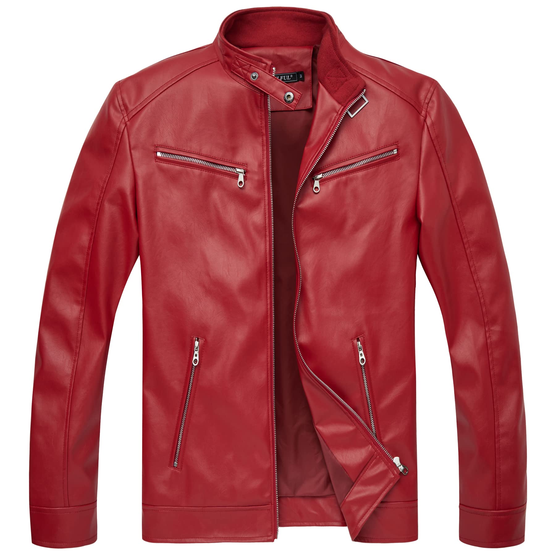 WULFUL Men's Stand Collar Leather Jacket Motorcycle Lightweight Faux Leather Outwear