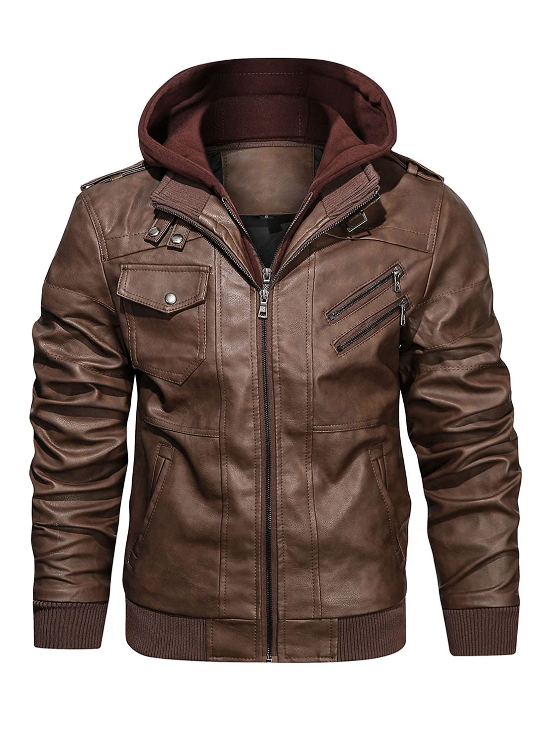 HOOD CREW Men’s Casual Stand Collar PU Faux Leather Zip-Up Motorcycle Bomber Jacket With a Removable Hood