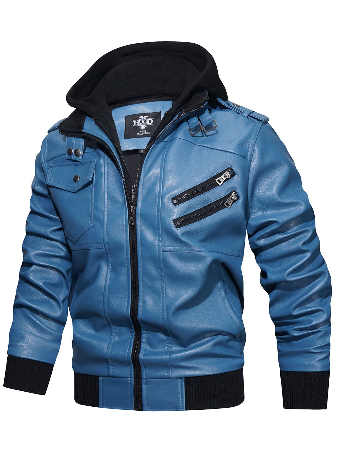 HOOD CREW Men’s Casual Stand Collar PU Faux Leather Zip-Up Motorcycle Bomber Jacket With a Removable Hood
