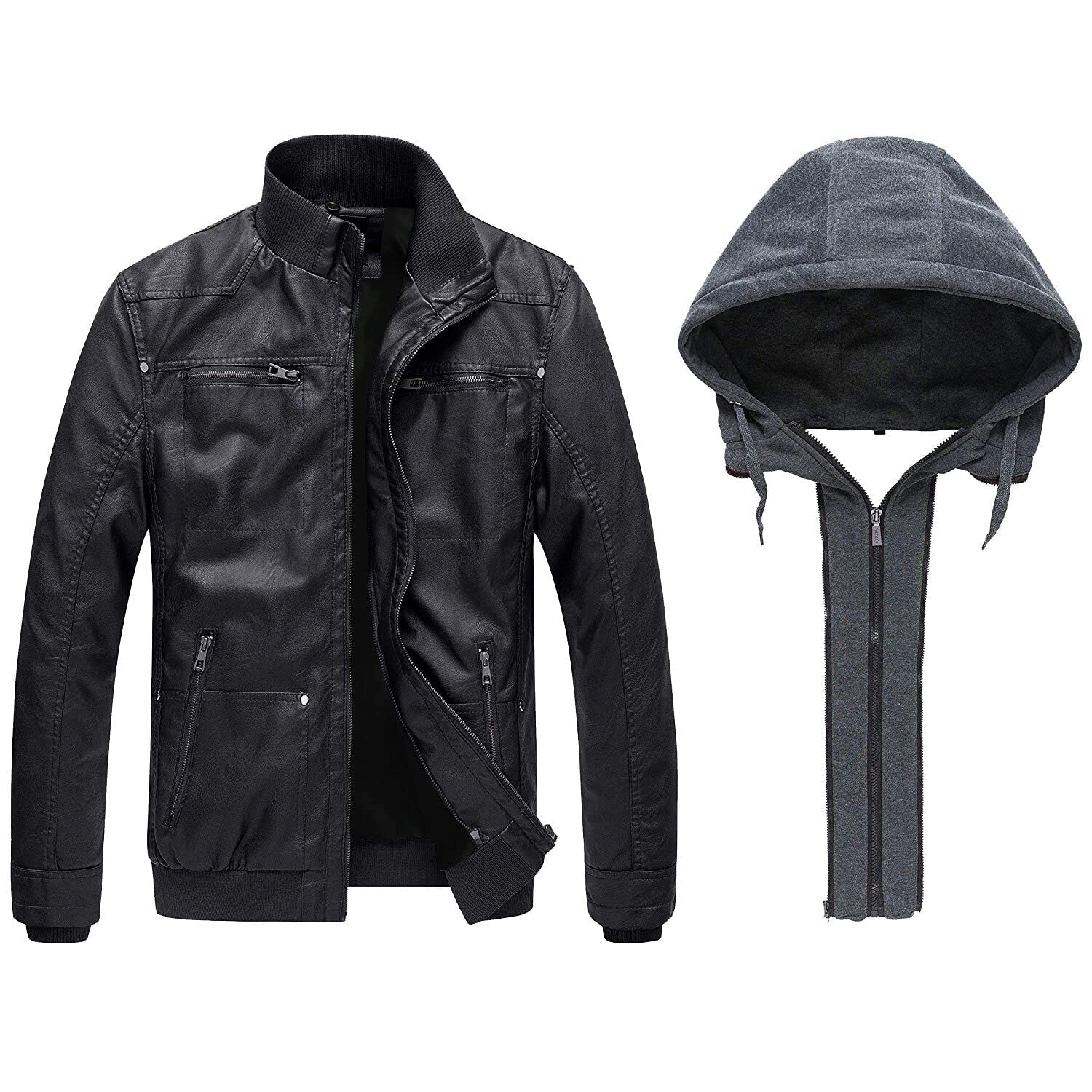 wantdo Men's Faux Leather Jacket with Removable Hood Motorcycle Jacket Casual Warm Winter Coat
