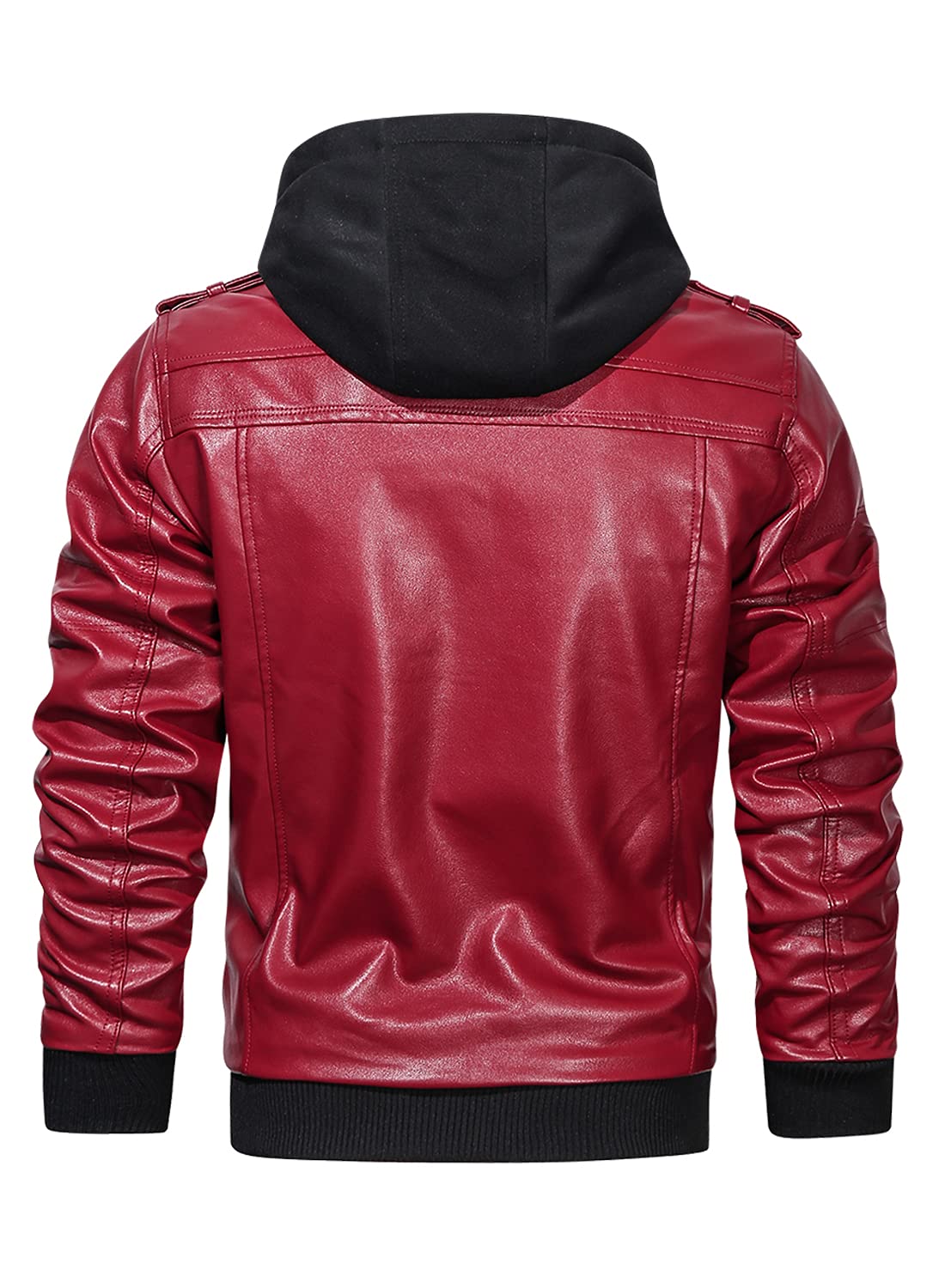 HOOD CREW Men’s Casual Stand Collar PU Faux Leather Zip-Up Motorcycle Bomber Jacket With a Removable Hood