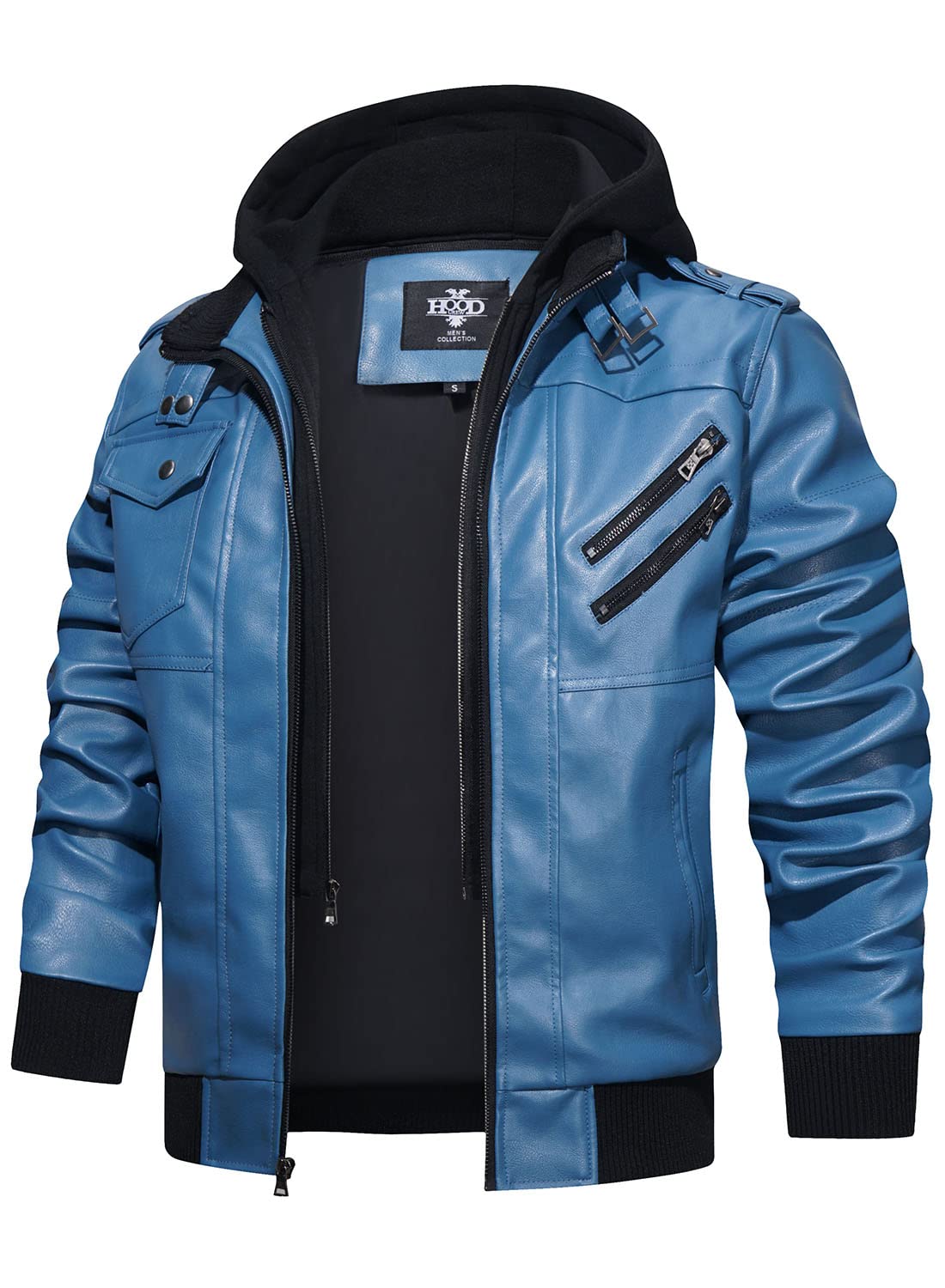 HOOD CREW Men’s Casual Stand Collar PU Faux Leather Zip-Up Motorcycle Bomber Jacket With a Removable Hood
