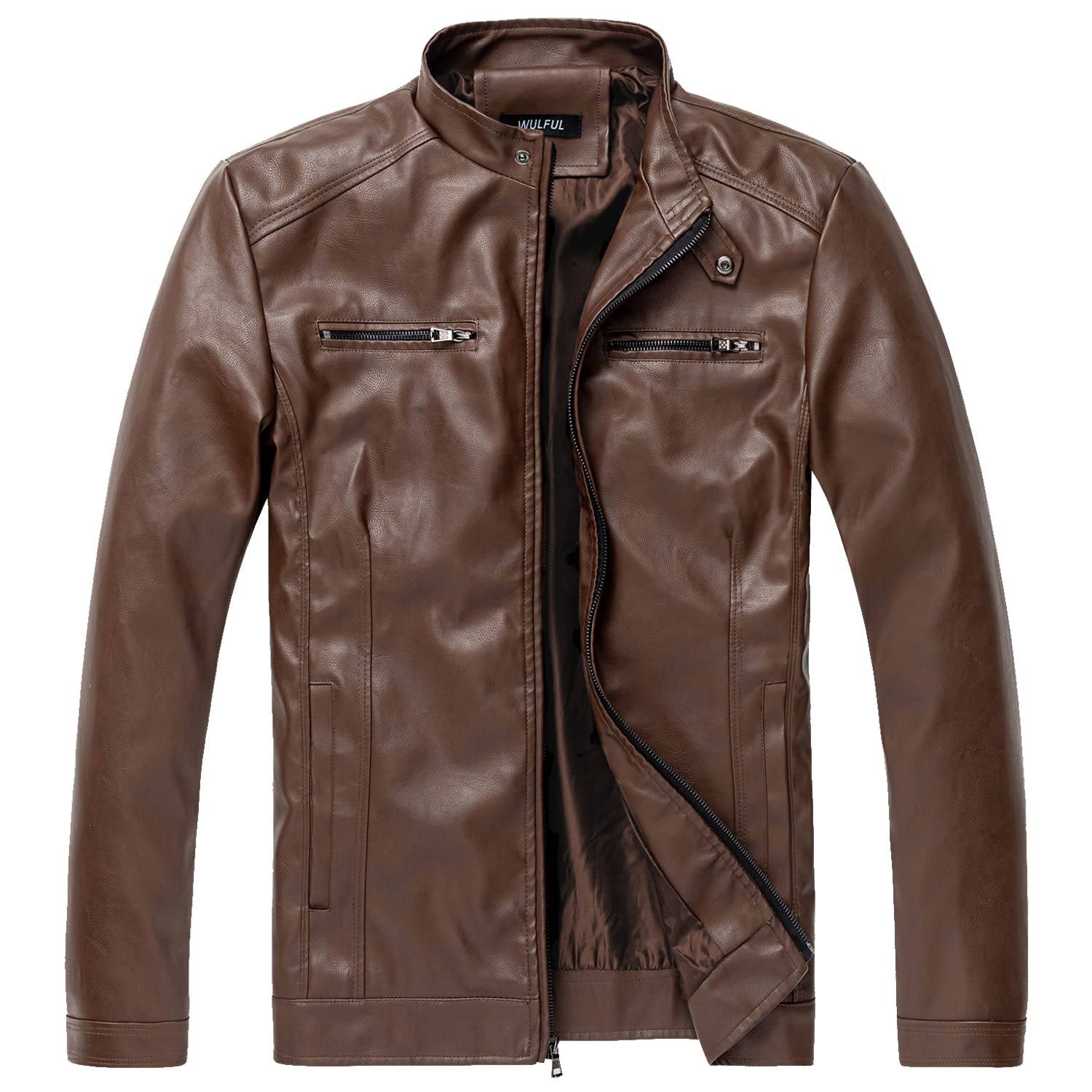 WULFUL Men's Stand Collar Leather Jacket Motorcycle Lightweight Faux Leather Outwear