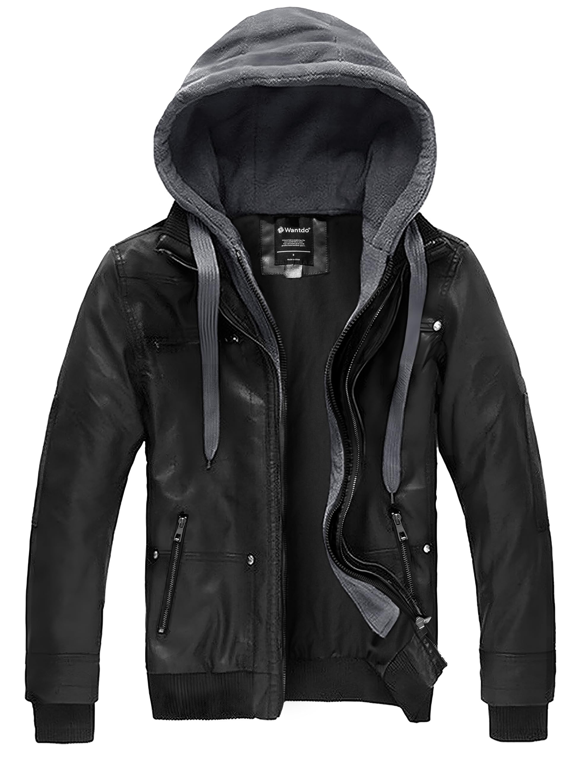 wantdo Men's Faux Leather Jacket with Removable Hood Motorcycle Jacket Casual Warm Winter Coat