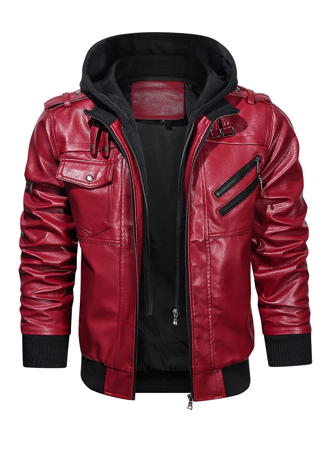 HOOD CREW Men’s Casual Stand Collar PU Faux Leather Zip-Up Motorcycle Bomber Jacket With a Removable Hood