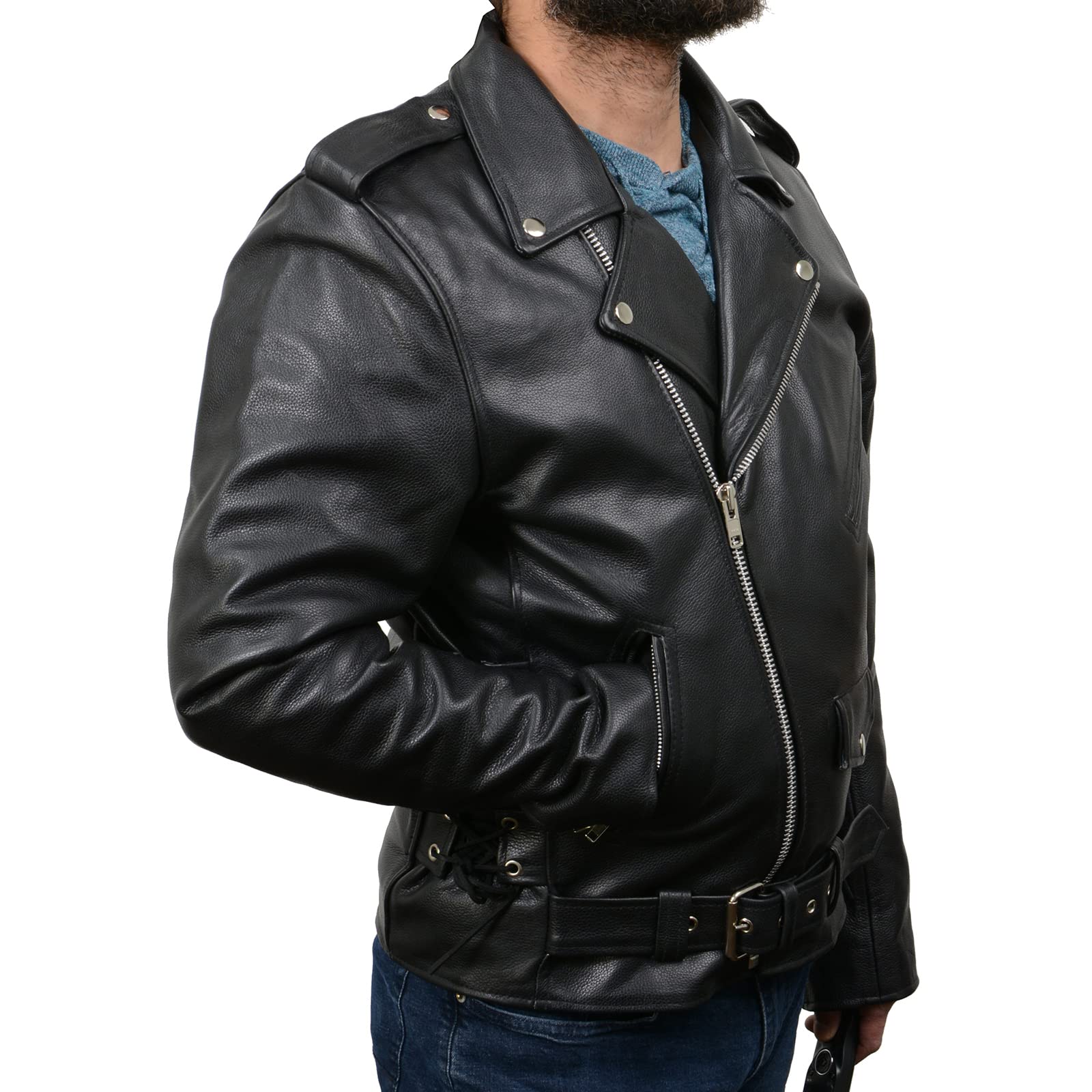 Milwaukee Leather SH1011 Men's Classic Brando Premium Leather Black Motorcycle Riders Leather Jacket w/Side Laces