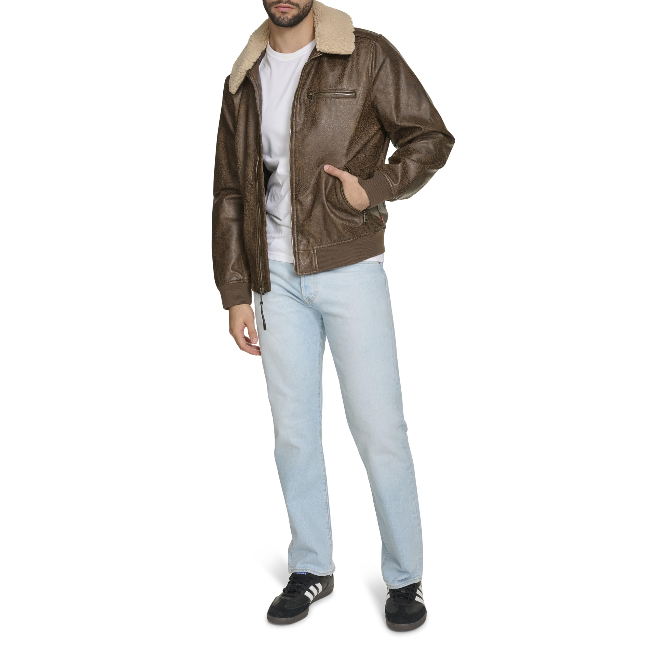 Levi's mens Levi's Men's Faux Leather Aviator Bomber Jacket With Sherpa Collar