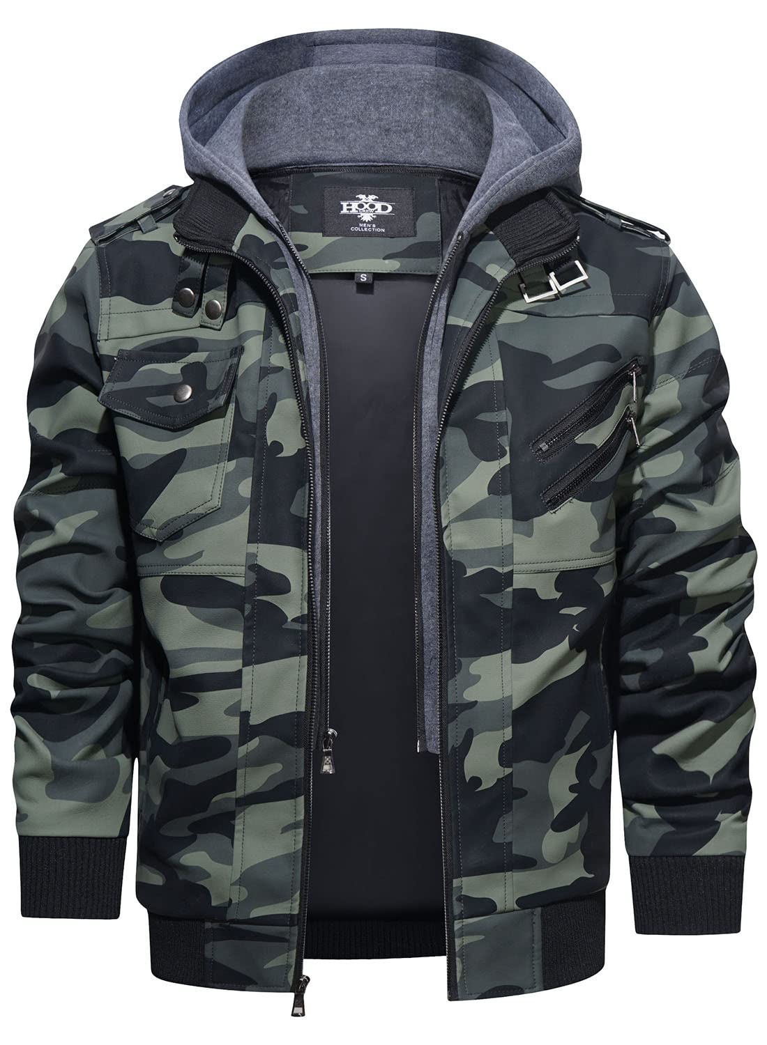 HOOD CREW Men’s Casual Stand Collar PU Faux Leather Zip-Up Motorcycle Bomber Jacket With a Removable Hood