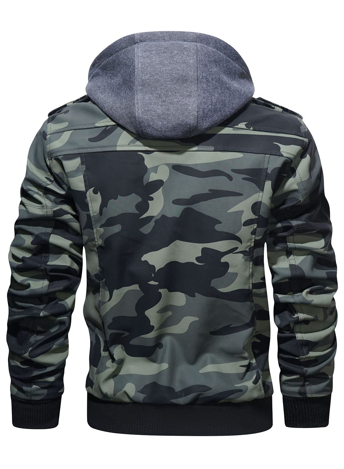 HOOD CREW Men’s Casual Stand Collar PU Faux Leather Zip-Up Motorcycle Bomber Jacket With a Removable Hood