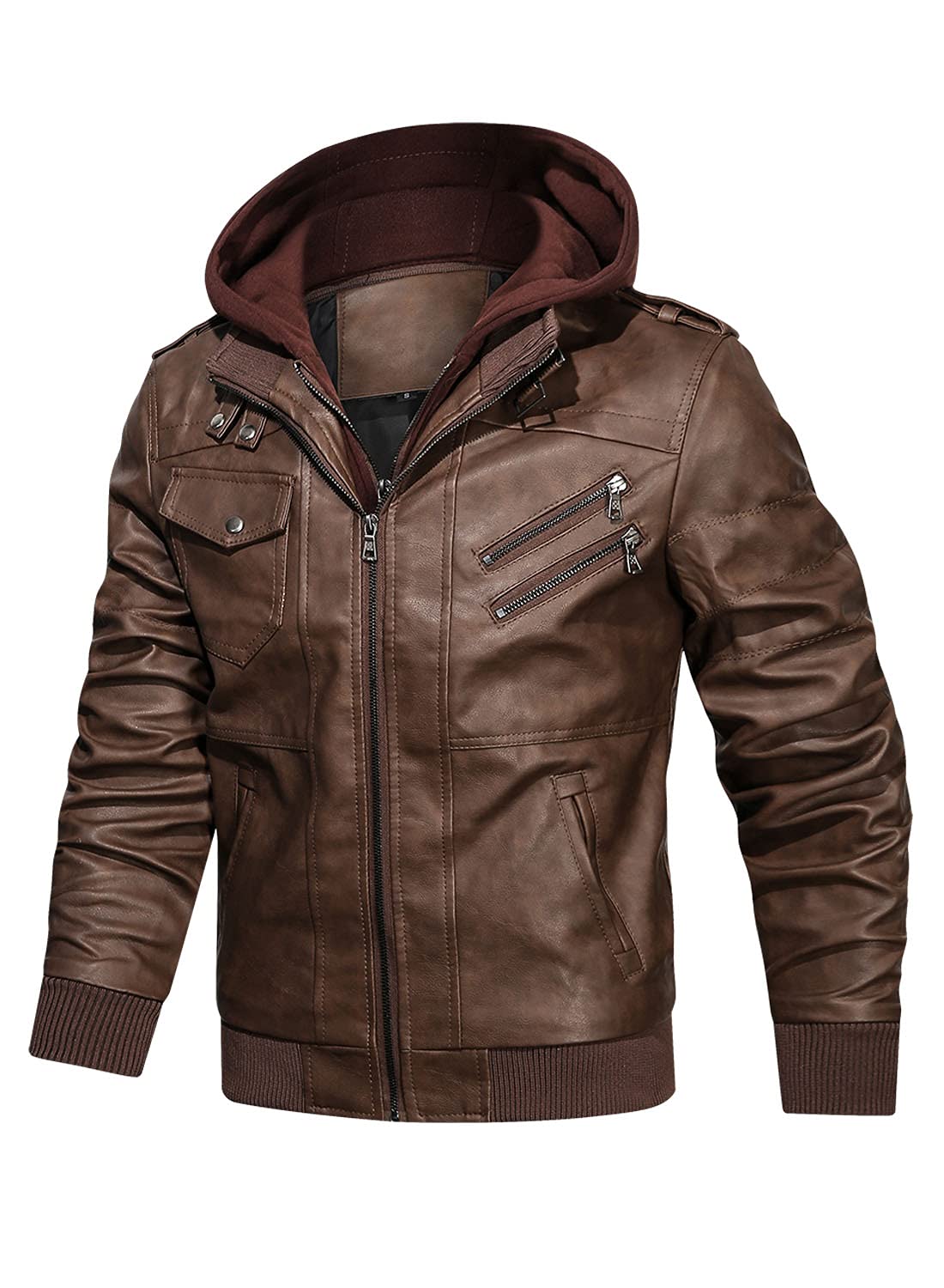 HOOD CREW Men’s Casual Stand Collar PU Faux Leather Zip-Up Motorcycle Bomber Jacket With a Removable Hood