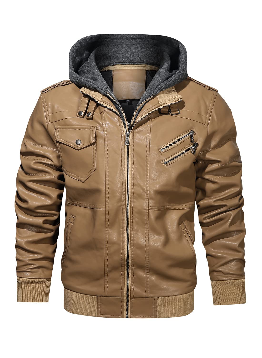 HOOD CREW Men’s Casual Stand Collar PU Faux Leather Zip-Up Motorcycle Bomber Jacket With a Removable Hood