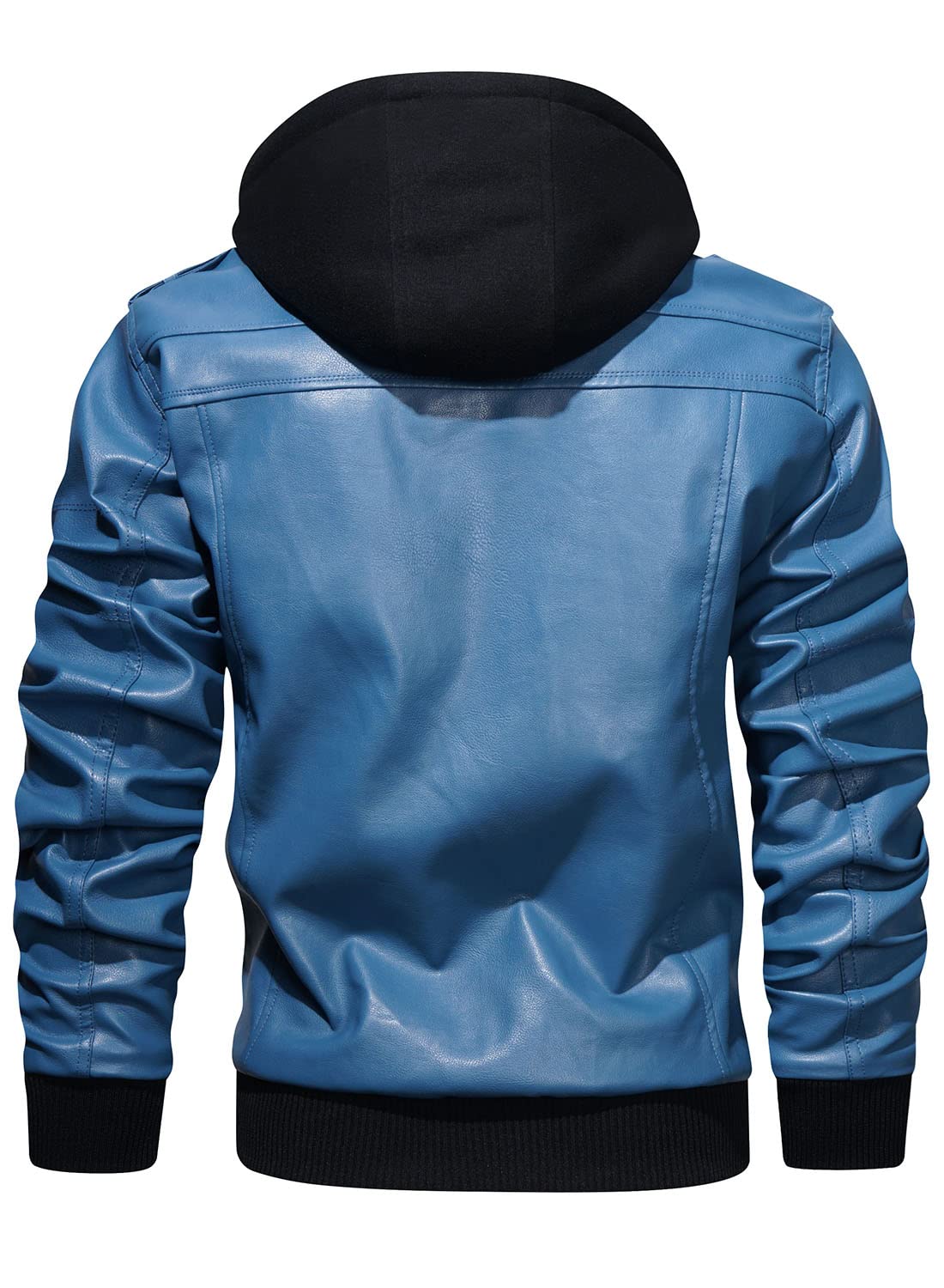 HOOD CREW Men’s Casual Stand Collar PU Faux Leather Zip-Up Motorcycle Bomber Jacket With a Removable Hood