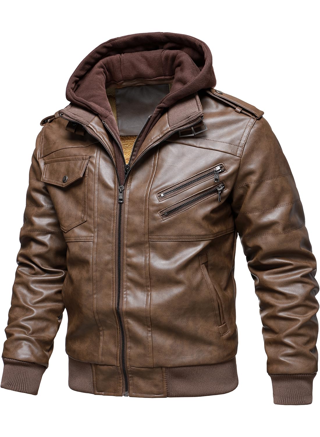 HOOD CREW Men’s Casual Stand Collar PU Faux Leather Zip-Up Motorcycle Bomber Jacket With a Removable Hood