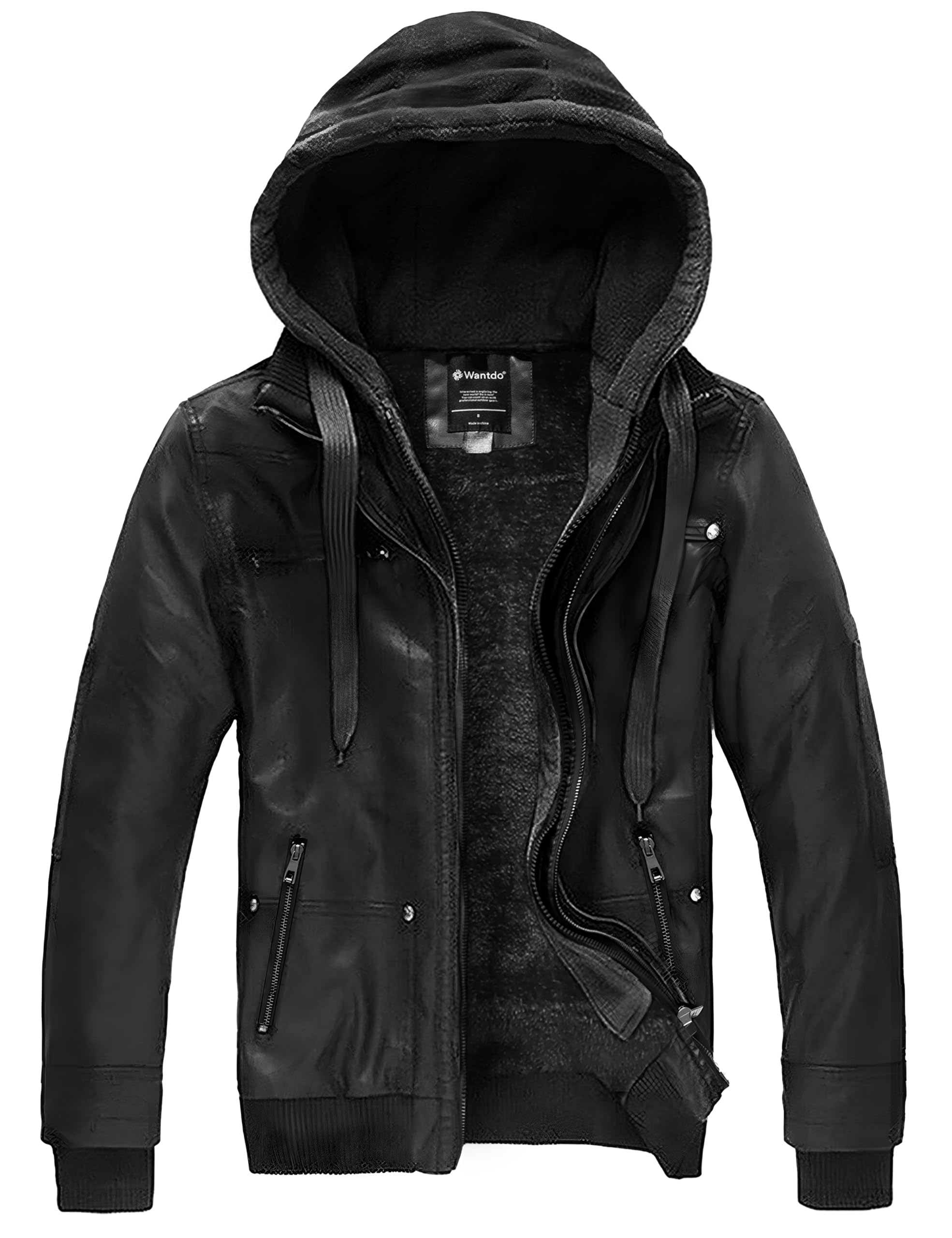 wantdo Men's Faux Leather Jacket with Removable Hood Motorcycle Jacket Casual Warm Winter Coat