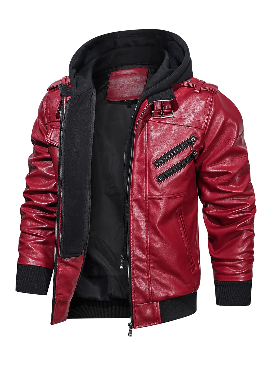HOOD CREW Men’s Casual Stand Collar PU Faux Leather Zip-Up Motorcycle Bomber Jacket With a Removable Hood