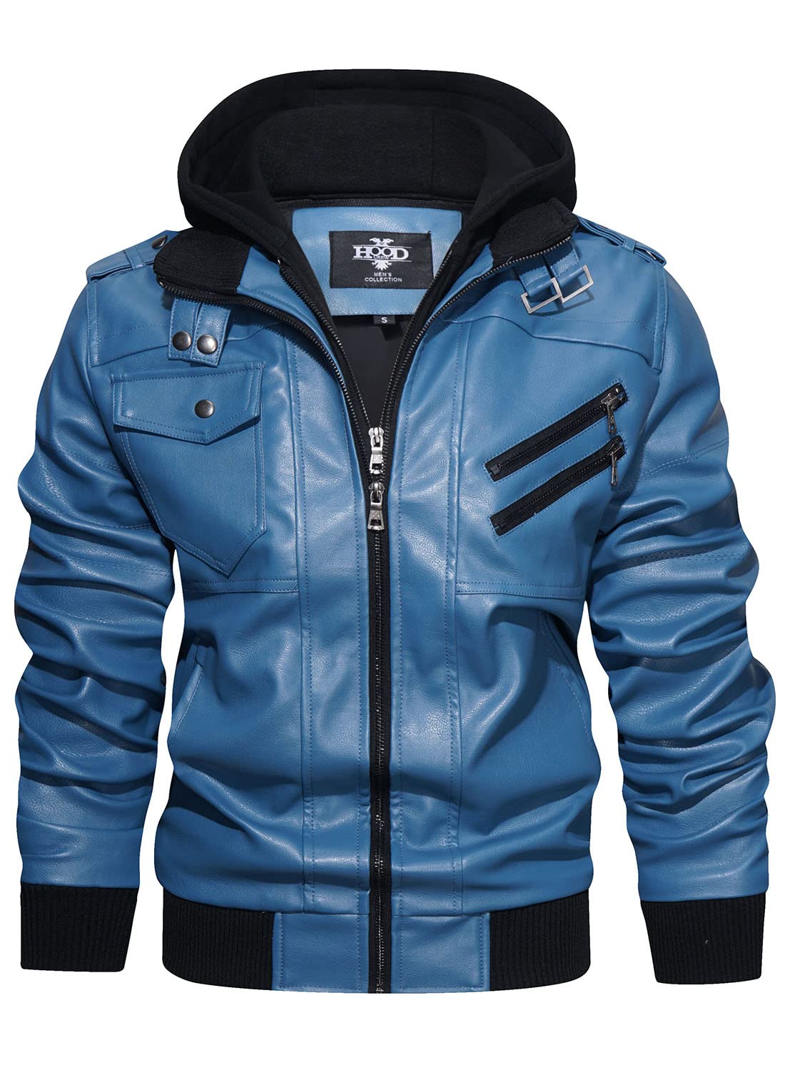 HOOD CREW Men’s Casual Stand Collar PU Faux Leather Zip-Up Motorcycle Bomber Jacket With a Removable Hood