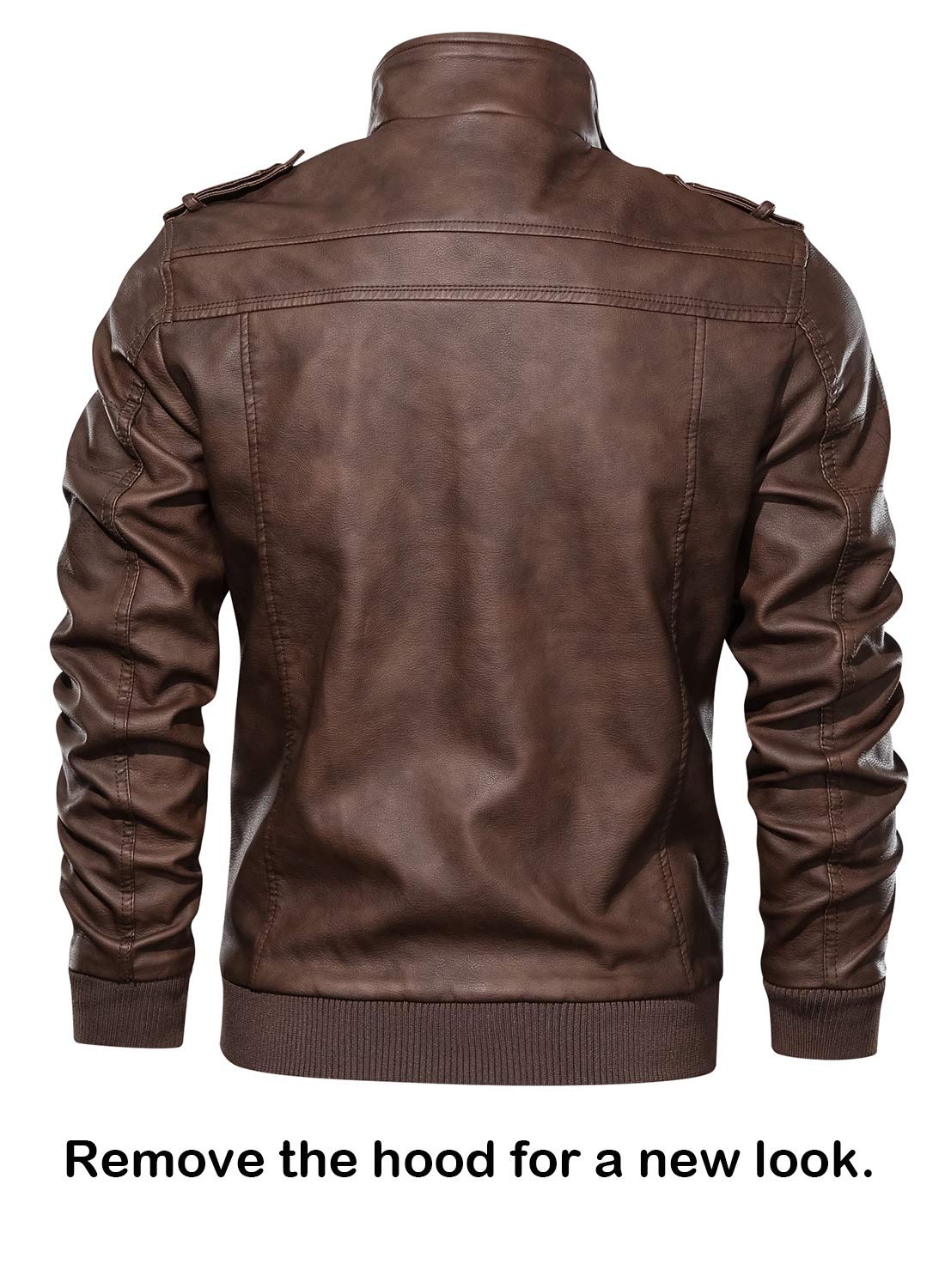 HOOD CREW Men’s Casual Stand Collar PU Faux Leather Zip-Up Motorcycle Bomber Jacket With a Removable Hood