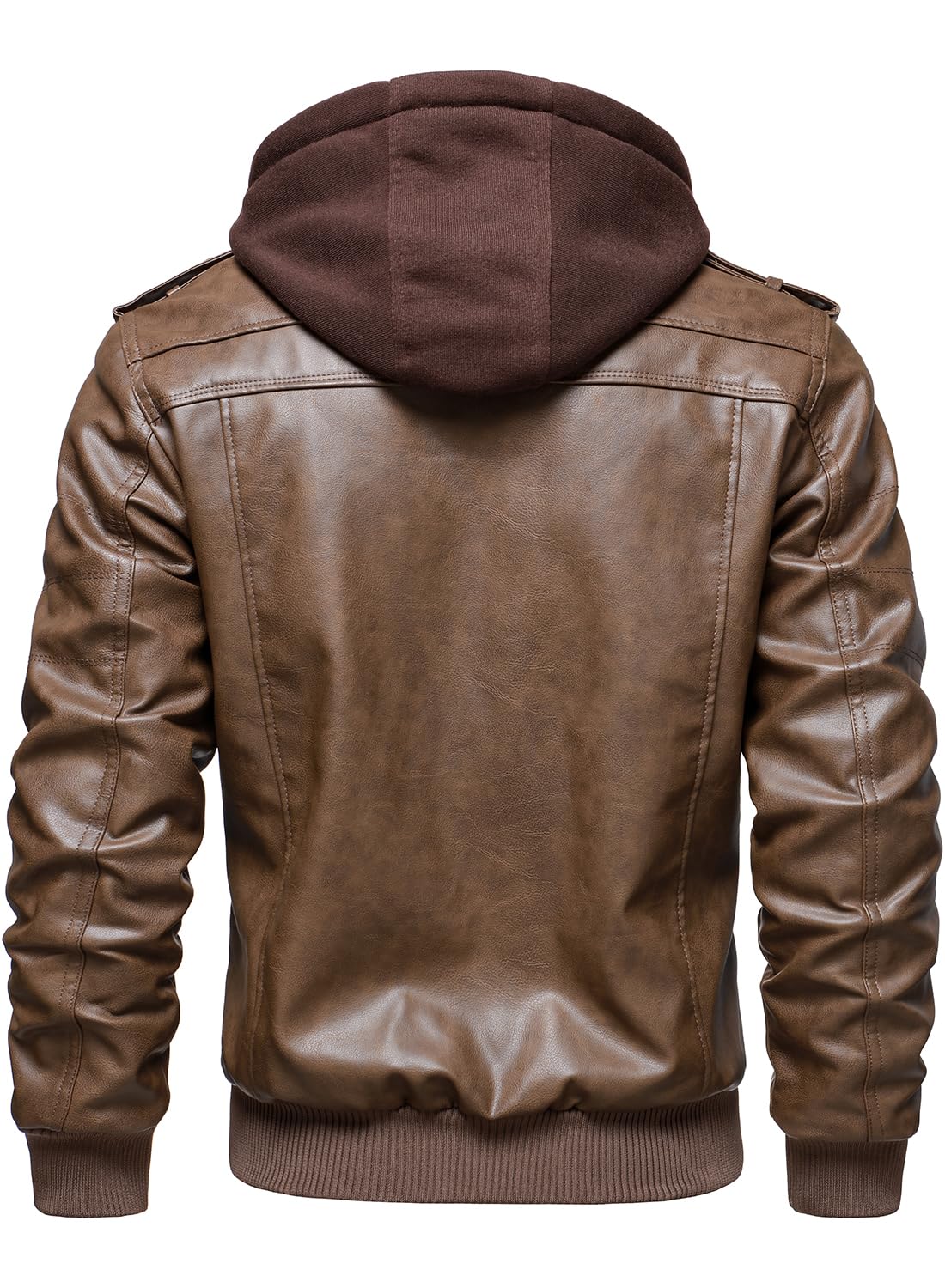 HOOD CREW Men’s Casual Stand Collar PU Faux Leather Zip-Up Motorcycle Bomber Jacket With a Removable Hood