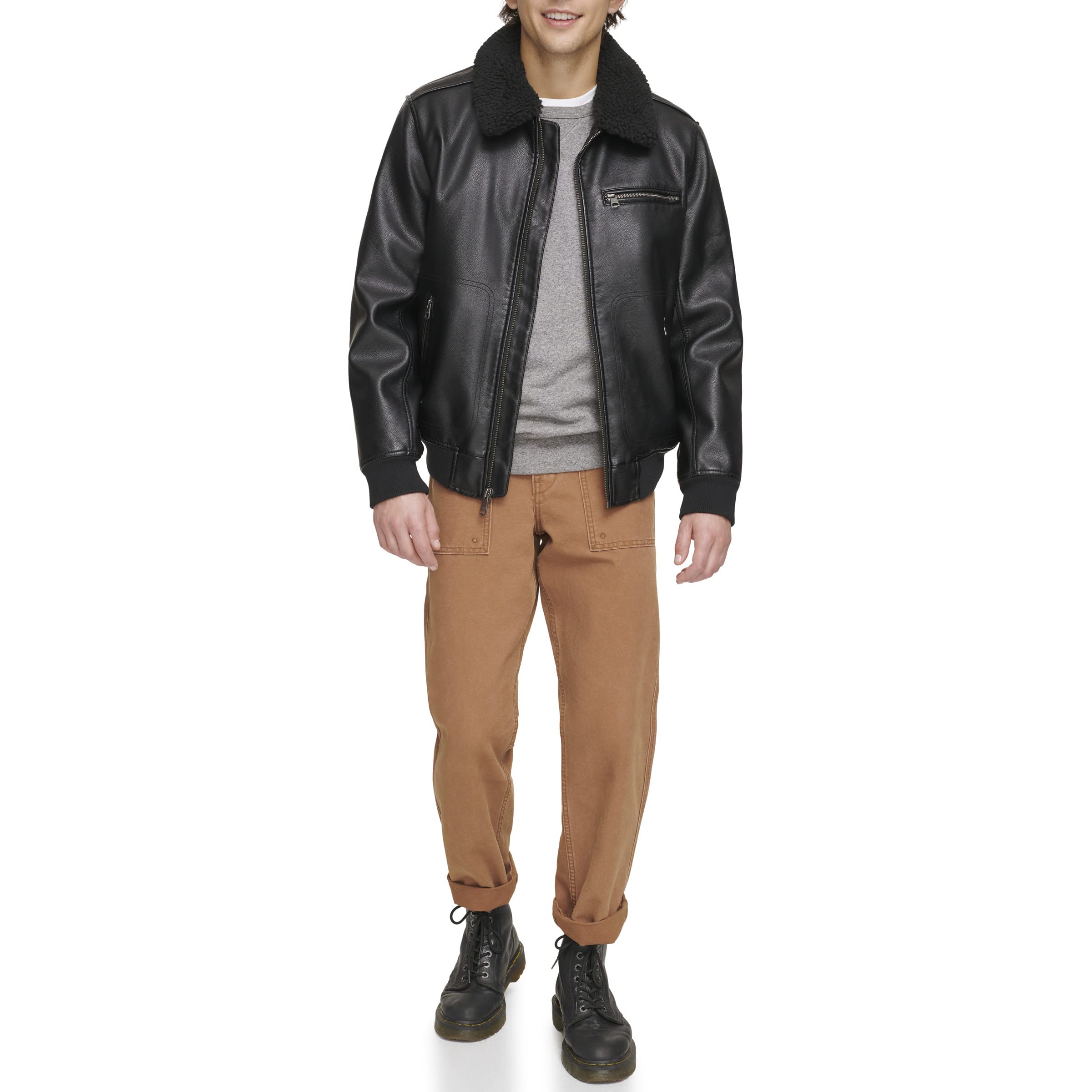 Levi's mens Levi's Men's Faux Leather Aviator Bomber Jacket With Sherpa Collar
