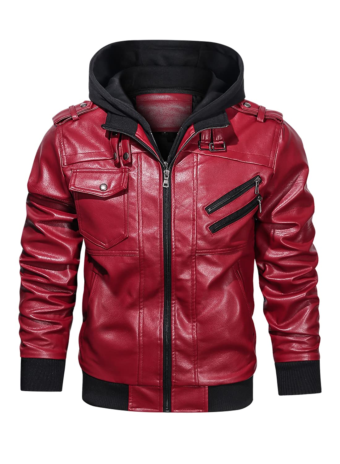 HOOD CREW Men’s Casual Stand Collar PU Faux Leather Zip-Up Motorcycle Bomber Jacket With a Removable Hood