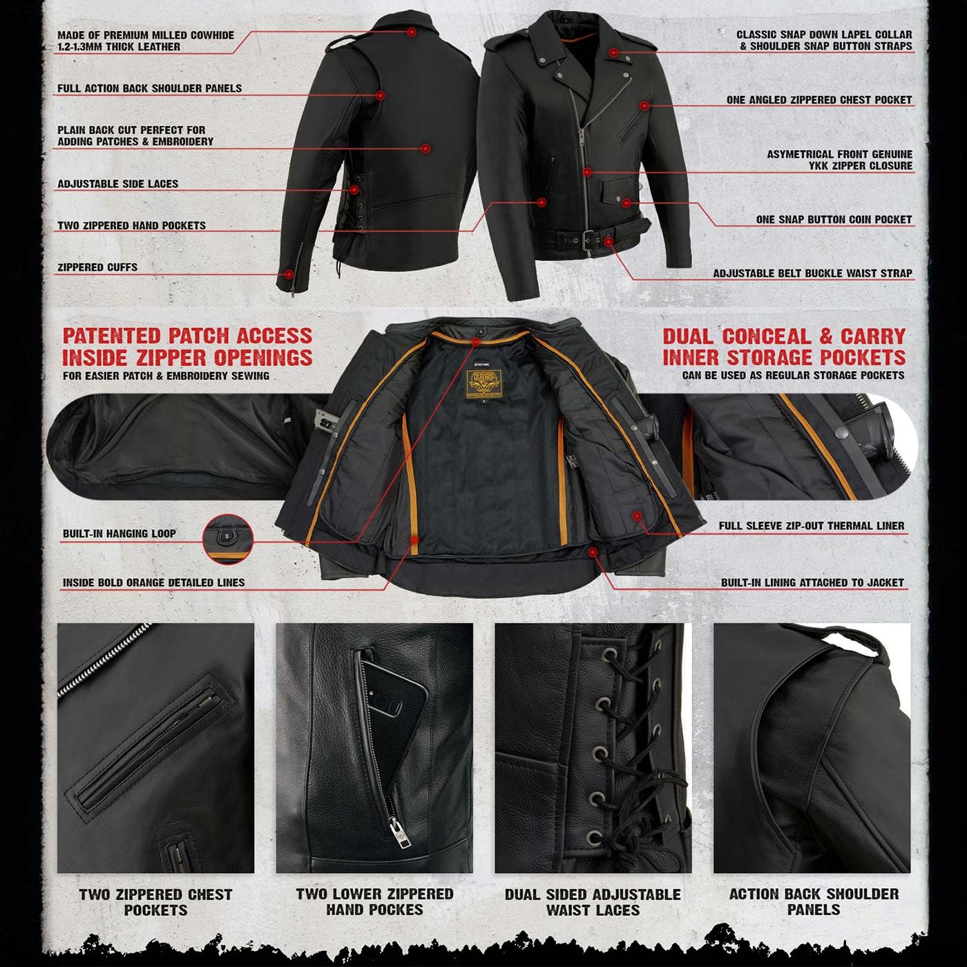 Milwaukee Leather SH1011 Men's Classic Brando Premium Leather Black Motorcycle Riders Leather Jacket w/Side Laces