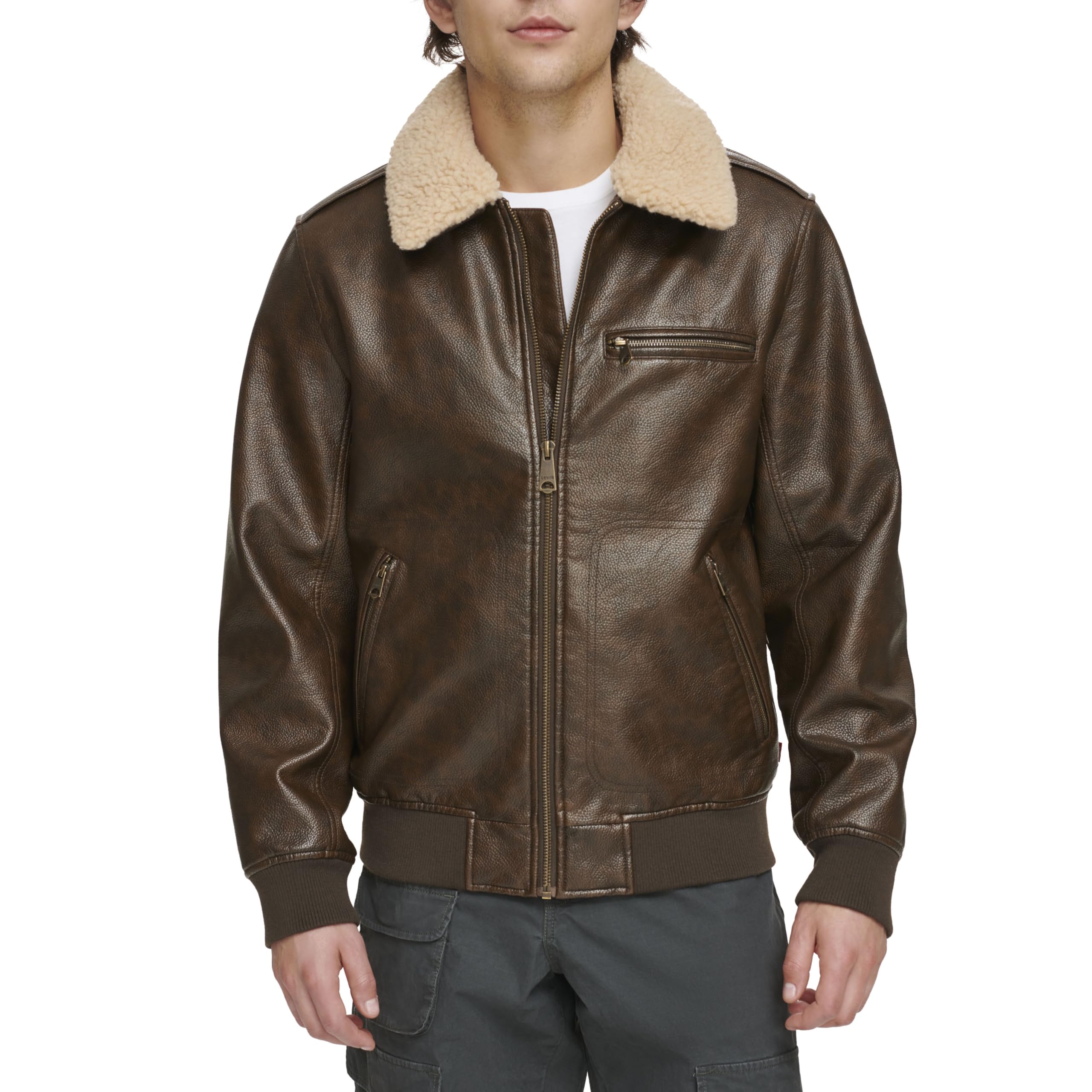 Levi's mens Levi's Men's Faux Leather Aviator Bomber Jacket With Sherpa Collar