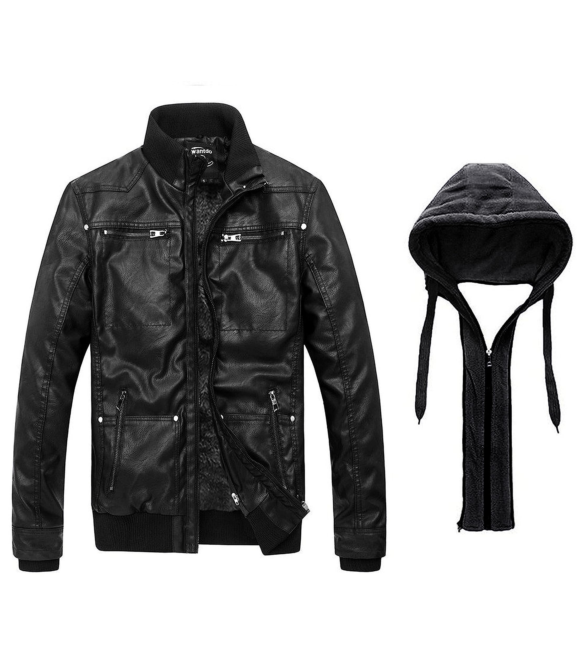 wantdo Men's Faux Leather Jacket with Removable Hood Motorcycle Jacket Casual Warm Winter Coat