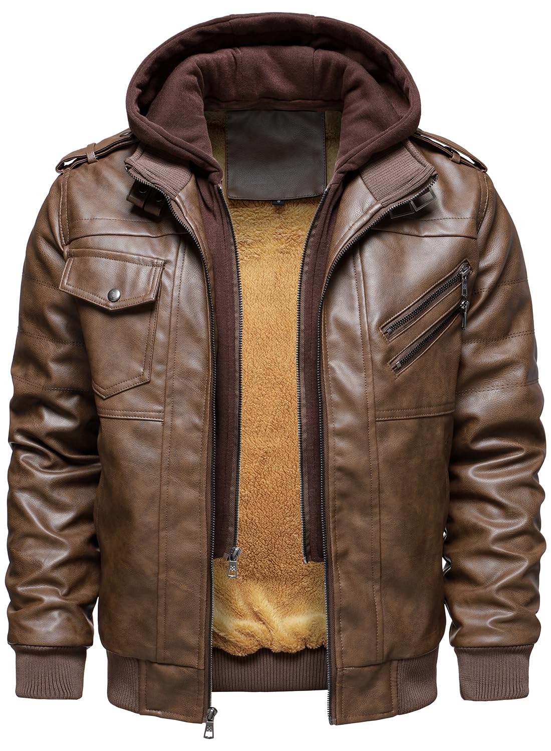 HOOD CREW Men’s Casual Stand Collar PU Faux Leather Zip-Up Motorcycle Bomber Jacket With a Removable Hood