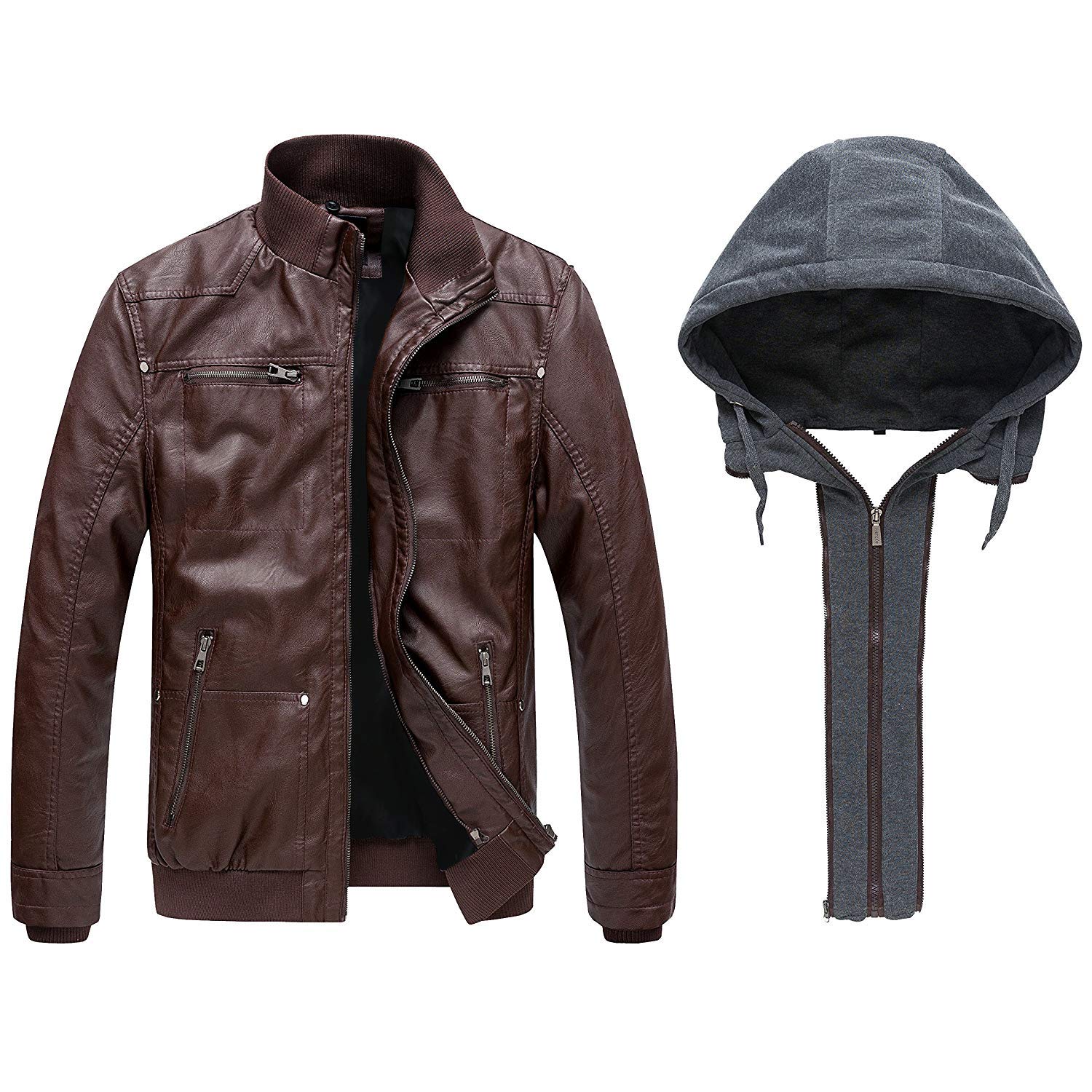 wantdo Men's Faux Leather Jacket with Removable Hood Motorcycle Jacket Casual Warm Winter Coat