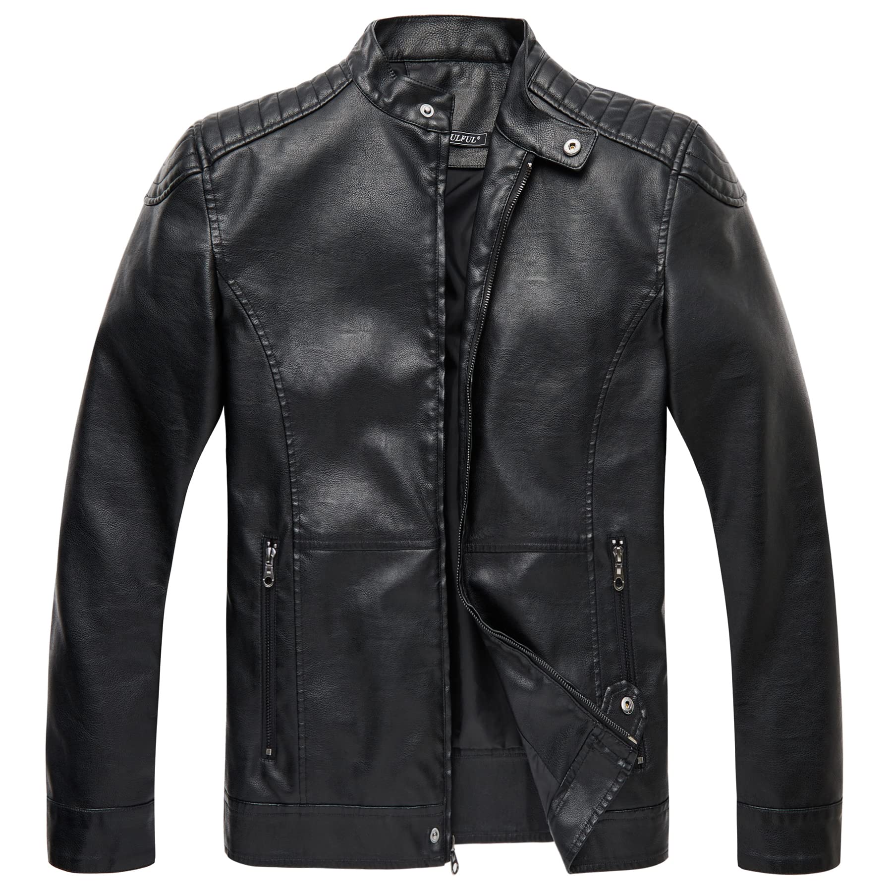 WULFUL Men's Stand Collar Leather Jacket Motorcycle Lightweight Faux Leather Outwear