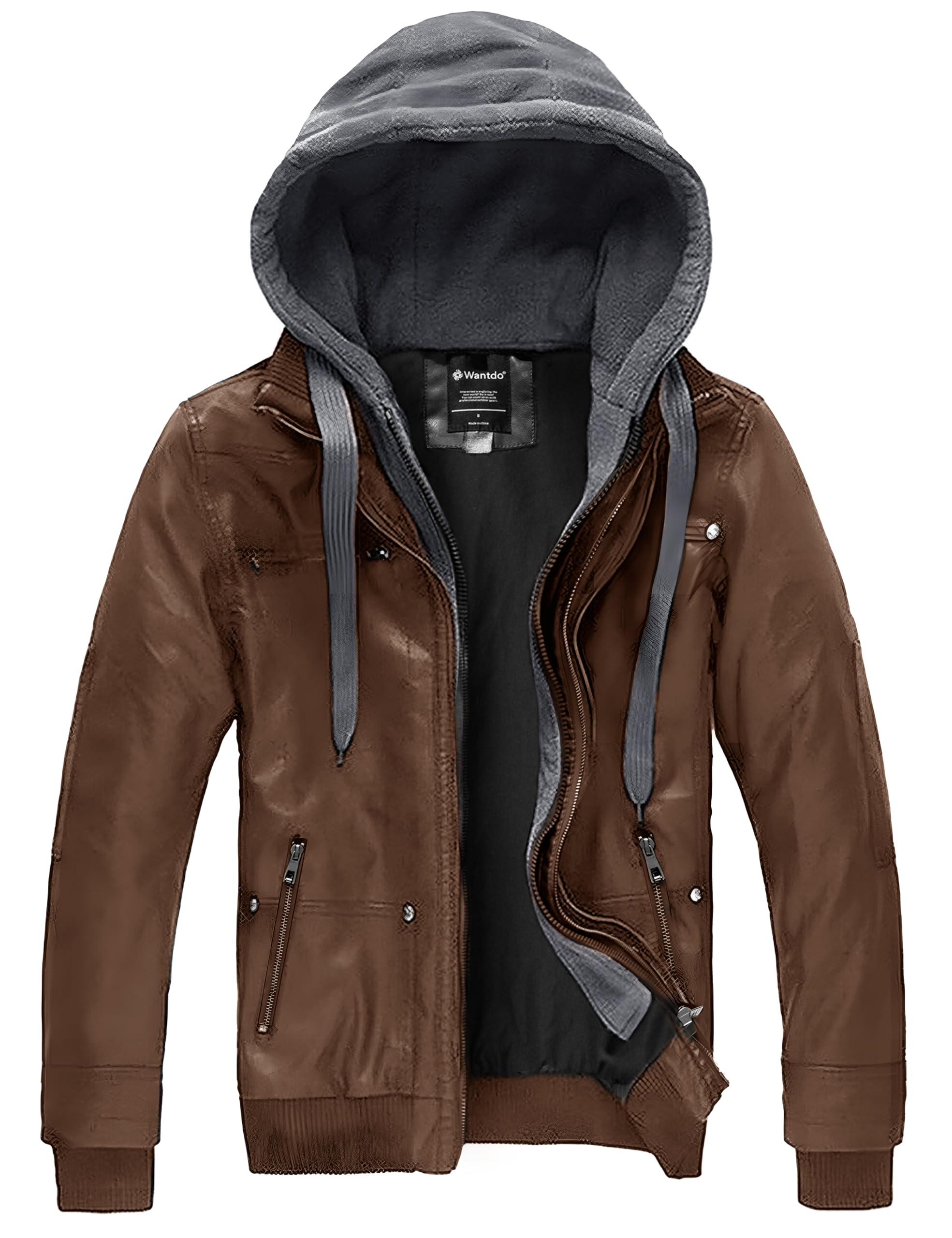 wantdo Men's Faux Leather Jacket with Removable Hood Motorcycle Jacket Casual Warm Winter Coat