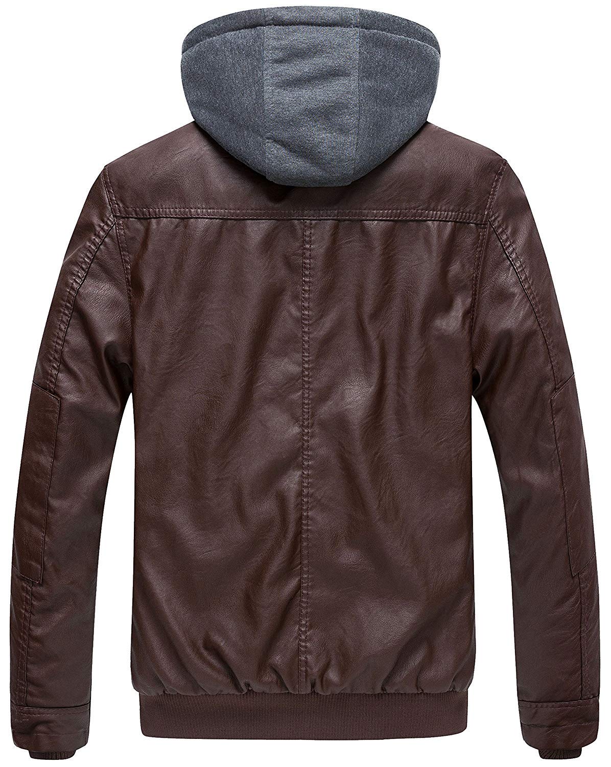 wantdo Men's Faux Leather Jacket with Removable Hood Motorcycle Jacket Casual Warm Winter Coat