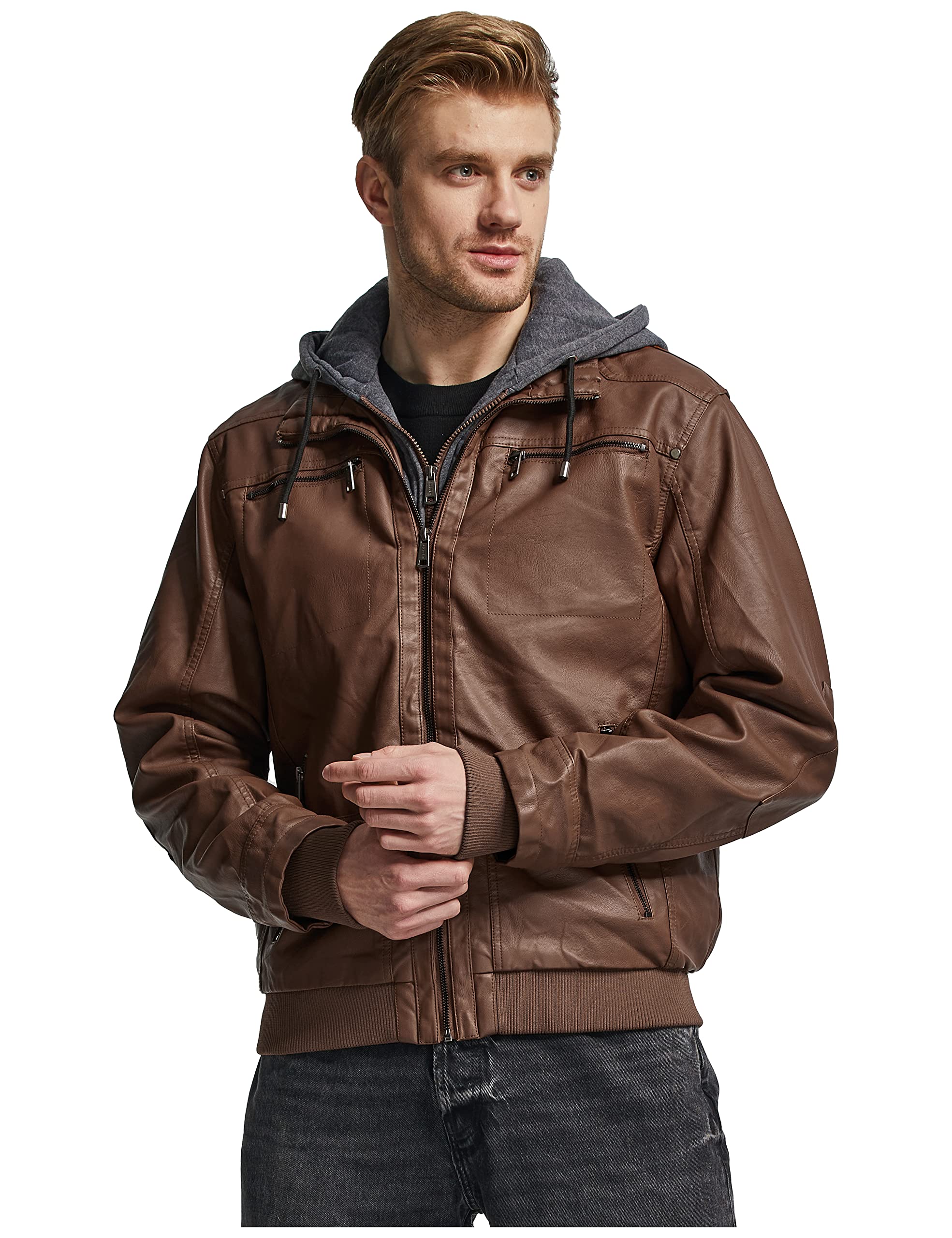 wantdo Men's Faux Leather Jacket with Removable Hood Motorcycle Jacket Casual Warm Winter Coat